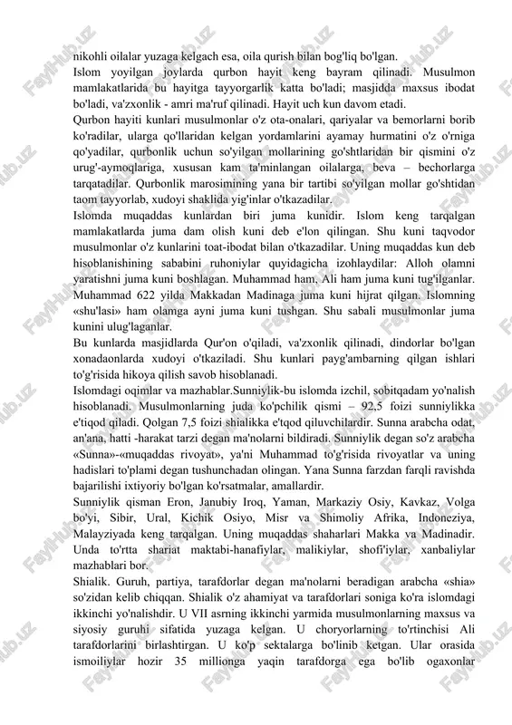 shinlari makkaga yaqinlashganlar va hech qanday qarshiliksiz shaharga kirib borganlar. zodagonlar muhammad payg'ambarni peshvoz chiqib kutib olganlar. shu vaqtdan boshlab u bilan makka hukmronlari o'rtasidagi raqobat va qarama-qarshiliklar tugagan. ular muhammad payg'ambarning yaqin yordamchilariga aylanib, musulmrnlar davlatida yuksak lavozimlarni egallay boshlaganlar. muhammad payg'ambar hijriy 11-yilning rabi-al-avval (632 yil iyun) oyida madinada 63 yoshda vafot etgan. bu davrda anchagina mustahkam musulmon davlati vujudga kelgan; u yamandan sino yarimoroligacha, qizildengiz sohillaridan markaziy qum sahrolari-sahroi kabrgacha cho'zilag katta hududni o'z ichiga olgan edi. muhammad vafotidan keyin o'rinbosarlari-xalifalar davlatni boshqara boshlaganlar. shu munosabat bilan musulmonlar davlati o'zining bundan keyingi tarixida «arab xalifaligi» deb nom olgan. muhammad vafot etgan birinchi kunlardanroq musulmonlar jamoasining yo'lboshchilari o'rtasida hokimiyat uchun kurash va o'zaro ixtiloflar boshlangan. bu kurashda muhojirlar guruhi g'olib chiqqan va muhammadning ilk safdoshlaridan biri abu bakr xalifa deb e'lon qilingan. islom ta'limoti va qadriyatlari. o'rta osiyo xalqlari hayotiga islomning kirib kelishi bilan kalom, ya'ni islom falsafasini …