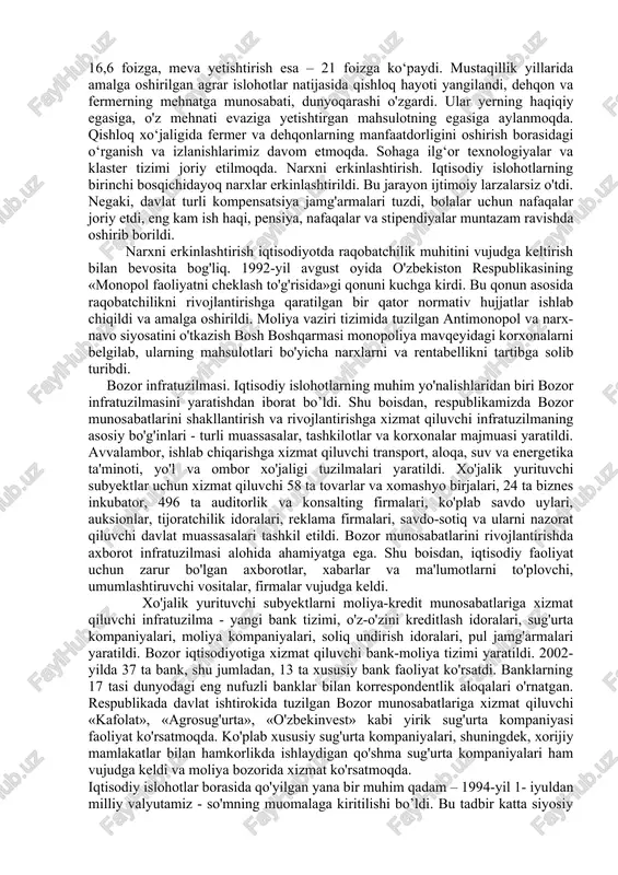 es va xususiy tadbirkorlikni davlat yo'li bilan qo'llab-quvvatlash uchun tadbirkorlikni rivojlantirish fondi, kichikbiznesni rivojlantirishga ko'maklashish fondi tuzildi, dunyodagi nufuzli banklarning sarmoyalari jalb etildi. tadbirkorlar va biznesmenlarga maslahatlar bilan ko'maklashish maqsadida nemis texnikaviy ko'maklashuv jamiyati o'zbekistonda kichik biznesni qo'llab-quvvatlash markazini, yevropa hamjamiyati komissiyasi amaliy aloqalar markazini ochdilar. markaziy osiyodagi amerika tadbirkorlik fondi va markaziy osiyodagi buyuk britaniya investitsiya fondi tadbirkorlarga zarur maslahatlar bilan ko'maklashdilar. faqat 1999-yili kichik biznes korxonalariga yevropa tiklanish va taraqqiyot banki, osiyo taraqqiyot banki, germaniya tiklanish bankining 200 mln. aqsh dollaridan ortiq kredit mablag'lari jalb etildi va o'zlashtirildi. kichik biznes va xususiy tadbirkorlikning mamlakat yalpi ichki mahsulotidagi salmog'i 1991- yilda 1,5 foizni, 1999- yilda 12,6 foizni tashkil etgan bo'lsa, 2005— yilda 38,2 foizga yetdi. 2005-yilda faoliyat yuritayotgan kichik biznes korxonalari soni 310 mingtaga yetdi. faqat 2004-yilda bu sektor hisobiga 425 ming ish o'rinlari yaratildi. 2004- yil 1-oktabrida mazkur sektorda ish bilan band bo'lganlar soni 6,4 mln kishini yoki …