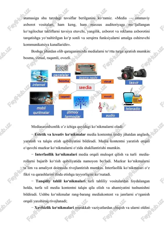 unikatsiya kanallaridir». boshqa jihatdan olib qaraganimizda medialarni to‘rtta turga ajratish mumkin: bosma, vizual, raqamli, ovozli. mediasavodxonlik o’z ichiga quyidagi ko’nikmalarni oladi: − estetik va kreativ ko‘nikmalar media kontentni ijodiy jihatdan anglash, yaratish va talqin etish qobiliyatini bildiradi. media kontentni yaratish orqali o‘quvchi mazkur ko‘nikmalarni o‘zida shakllantirishi mumkin. − interfaollik ko‘nikmalari media orqali muloqot qilish va turli media- rollarni bajarib ko‘rish qobiliyatida namoyon bo‘ladi. mazkur ko‘nikmalarni ta’lim va amaliyot doirasida rivojlantirish mumkin. interfaollik ko‘nikmalari o‘z fikri va qarashlarini ifoda etishga tayyorligini ko‘rsatadi. − tanqidiy tahlil ko‘nikmalari turli tahliliy vositalardan foydalangan holda, turfa xil media kontentni talqin qila olish va ahamiyatini tushunishni bildiradi. ushbu ko‘nikmalar rang-barang mediakontent va janrlarni o‘rganish orqali yaxshiroq rivojlanadi; − xavfsizlik ko‘nikmalari murakkab vaziyatlardan chiqish va ularni oldini olish qobiliyatida namoyon bo‘ladi. virtual makondan xavfsiz foydalanish, shaxsiy makonni himoya qilish hamda zararli kontent va muloqotdan voz kechishni nazarda tutadi. axborot manbalari uch toifaga bo'linadi. birlamchi manbalar – bu …