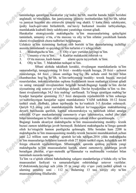 -xususiy sherikligini rivojlantirish masalalariga e'tibor qaratilmoqda.sog‘liqni saqlash tizimini isloh qilishni yanada chuqurlashtirish borasida 2017-2021 yillarda barcha tuman, shahar tibbiyot birlashmalari va oilaviy poliklinikalar, onkologik muassasalar, respublika ixtisoslashtirilgan ilmiy-amaliy tibbiyot markazlari, davlat sanitariya epidemiologiya nazorat markazlarini, respublika ilmiy shoshilinch tibbiy yordam markazi, tibbiyot oliy ta’lim muassasalarining klinikalari va respublika klinik shifoxonalarini hamda to‘rtinchi darajali ko‘p tarmoqdi bolalar tibbiyot markazlarining moddiy-texnik bazasi mustahkamlanadi va aholiga ko‘rsatilayotgan tibbiy yordam sifati oshiriladi. aholining hayot sharoitlarini yaxshilash borasidagi islohotlar. o‘zbekistonda mustaqillikning dastlabki yillaridan boshlab amalga oshirilgan islohotlar jarayonida aholining turmush farovonligini hamda hayot sifatini oshirish yuzasidan katta yaratuvchilik ishlari amalga oshirildi. bugungi kunda davlat byudjetining qariyb 60 foizi ijtimoiy sohani rivojlantirishga yo‘naltirilmoqda. bu aholining hayot sifati yaxshilanishiga xizmat qilmoqda. shu bilan birga aholini, ayniqsa qishloq aholisini yangi, shinam uy-joylar bilan taminlash borasida katta ishlar amalga oshirilmoqda. aholi daromadlari ko‘payishi esa ularning hayot farovonligini yuksaltirishga asos bo‘lmoqda.shu bilan birga «republikamizda jadal sur'atlar bilan zamonaviy yo‘l-transport va …