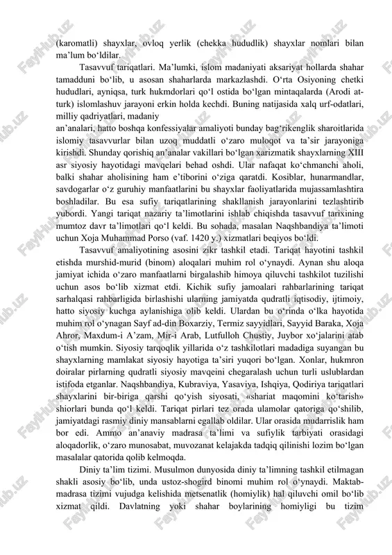 ’iy, shams al- a’imma as-saraxsiy, abu zayd ad-dabusiy, faxr al-islom al-pazdaviy, assadr ash-shahid, abu hafs an-nasafiy, az-zamaxshariy, alo’ ad-din as- samarqandiy, al-mutarriziy, burhon ad-din al-buxoriy, faxr ad-din qodixon, burhon ad-din al-marg‘inoniyning fiqh metodologiyasi, fiqhning amaliy masalalari, hadis, aqo’id, filologiya, tafsir va boshqa sohalarda yaratgan yuzlab asarlari nomlarini keltirish kifoya. mazkur asarlar orqali o‘rta osiyo boy madaniy an’analari, diniy tajribasi, huquqiy tasavvurlari islom tamadduni doirasiga kiritildi. bu bilan islomning to‘laqonli, o‘z-o‘ziga yetarli, mukammal mintaqaviy shakliga asos solindi. unda umumislomiy va mahalliy elementlar orasidagi munosabatda hamohanglik, mutanosiblikka erishila borildi. dunyoviy davlat va ulamolar. o‘rta osiyoda uzoq vaqt davomida (viii – xiii asrlar) davlat tuzumi bag‘doddagi holatni takrorlar edi. yaxshi ma’lumki, payg‘ambar vafotidan (632 y.) so‘ng davlat hayotida dunyoviylik tamoyili ustun bo‘lib keldi. ammo islom dinini birinchi navbatda hukmron doiralar tarafidan yagona (mono-din) haq din deb e’tirof etish jamiyat hayotida ulamolar mavqeining yuqori bo‘lishiga tabiiy tarzda olib keldi. chunki din qoidalarini ishlab chiqish …