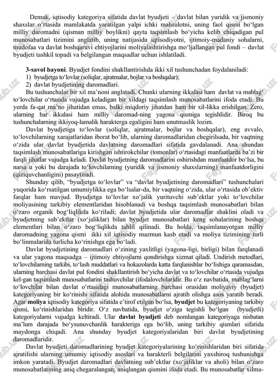 izdagi davlat byudjeti amal qilishining tashkiliy shakli bo‘lib xizmat qiladi. davlat byudjeti o‘z ichida respublika byudjetini, qoraqalpog‘iston respublikasi byudjetini va keng tarmoqli mahalliy byudjetlarni birlashtiradi. o‘zbekiston respublikasi byudjet kodeksining “byudjet tizimi tushunchasi va prinsiplari” deb nomlangan 2-bobining 6-moddasida byudjet tizimiga quyidagicha ta’rif berilgan: “byudjet tizimi barcha darajadagi byudjetlar, davlat maqsadli jamg‘armalari byudjetlari va byudjet tashkilotlarining byudjetdan tashqari jamg‘armalari, byudjet tizimi byudjetlarini tuzish va tashkil etish prinsiplari, ular o‘rtasida byudjet jarayoni mobaynida yuzaga keladigan o‘zaro munosabatlar yig‘indisini o‘zida ifodalaydi. moliya yili uchun byudjet tizimi byudjetlarini shakllantirish, tuzish, ko‘rib chiqish, qabul qilish, tasdiqlash va ijro etish o‘zbekiston respublikasining milliy valyutasi – so‘mda amalga oshiriladi”. bugungi kunda davlat byudjetida davlatning byudjetdan tashqari maqsadli fondlari ham konsolidatsiyalashadi (jamlanadi), ular davlat byudjeti bilan birgalikda jamlanma byudjetni (konsolidatsiyalashgan byudjet) tashkil qiladi. 2-savol bayoni. jamiyat iqtisodiy va ijtimoiy tuzilmasining shakllanishi va rivojlanishida tarixiy taraqqiyotning har bir bosqichida muayyan siyosat doirasida amalga oshiriladigan davlat tomonidan tartiblash muhim rol …