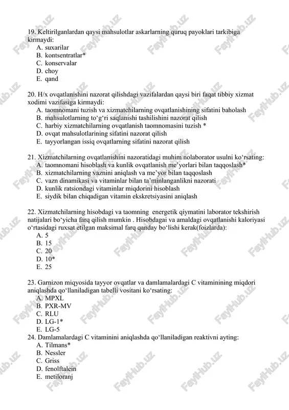 soat d. 10 soat e. 1 kun 32. agar suv patogen mikroblarning vegetativ shakli bilan zararlanganligiga shubha bo‘lsa, uni necha daqiqa qaynatish kerakligini ayting: a. 60 daqiqa b. 40 daqiqa c. 1 soat d. 30 daqiqa* e. 2 soat 33. shaxsiy zahira suvlarini zararsizlantirish uchun tabletkalarning yaroqliligini qaysi ko‘rsatkich bo‘yicha tekshirish mumkin a. tabletkalarning rangiga qarab b. tabletkalarning hidi bo‘yicha c. faol xlorning miqdori bo‘yicha* d. zararsizlantirilgan suvning ta’mi bo‘yicha e. zararsizlantirilgan suvning hidi bo‘yicha 34. suv va oziq-ovqat mahsulotlarini zm, bv va rm bilan zararlanganda undan foydalanish mumkinligi haqidagi hulosa kim tomonidan beriladi: a. kimyoviy xizmat b. injenerlik xizmati c. qism komandiri d. tibbiy xizmat xodimi* e. ta’minot bo‘yicha qism komandiri 35. shifokor rm bilan zararlangan mahsulotlarni organizm uchun zararsiz oqibat keltirib chiqarmasligi bo‘yicha iste’mol qilish mumkinligi haqida xulosa berishi kerak. nimaga asoslanib bunday xulosa beriladi a. maxsus nomogramma bo‘yicha* b. jadvallar bo‘yicha c. ruxsat etiladigan zararlanish darajasi bo‘yicha …
