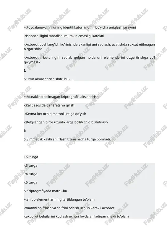 ayd yozuvi – bu… +:login parol -:identifikatsiya -:maxfiy maydon -:token i: s:uning egasi haqiqiyligini aniqlash jarayonida tekshiruv axboroti sifatida ishlatiladigan belgilar ketma-ketligi (maxfiy so’z) – nima? +:parol -:login -:identifikatsiya -:maxfiy maydon foydalanuvchilarni ro’yxatga olish va ularga dasturlar va ma’lumotlarni ishlatishga huquq berish jarayoni i: s:identifikatsiya jarayoni qanday jarayon? +:axborot tizimlari obyekt va subhektlariga uni tanish uchun nomlar (identifikator) berish va berilgan nom bo’yicha solishtirib uni aniqlash jarayoni -:ob’ekt yoki subhektni unga berilgan identifikatorga mosligini tekshirish va belgilar ketmaketligidan iborat maxfiy kodini tekshirish orqali aslligini aniqlash -:foydalanuvchining resursdan foydalanish huquqlari va ruxsatlarini tekshirish jarayoni -:foydalanuvchilarni ro’yxatga olish va ularga dasturlar va ma’lumotlarni ishlatishga huquq berish jarayoni i: s:autentifikatsiya jarayoni qanday jarayon? +:ob’ekt yoki subhektni unga berilgan identifikatorga mosligini tekshirish va belgilar ketmaketligidan iborat maxfiy kodini tekshirish orqali aslligini aniqlash -:axborot tizimlari obyekt va subhektlariga uni tanish uchun nomlar (identifikator) berish va berilgan nom bo’yicha solishtirib uni aniqlash jarayoni -:foydalanuvchining resursdan foydalanish …