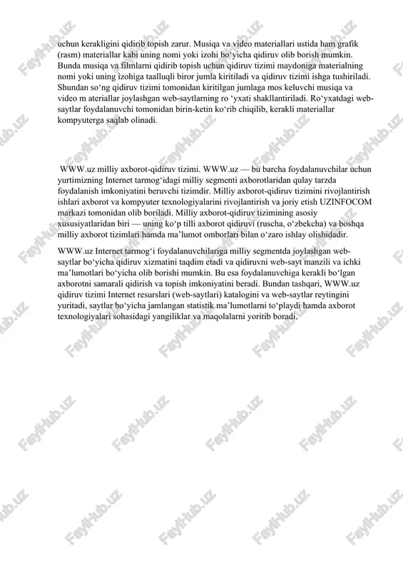 rasmlarni qidirish. rasmlar ma’lumotlarning grafik yoki tasvir ko‘rinishi hisoblanadi. internet tarmog‘ida grafik ma’lumotlarning ko‘plab turlari uchraydi, ya’ni chizma (vektor), foto (rastr), 43harakatlanuvchi (animatsiya) hamda siqilgan rasmlar. bunday grafik ma’lumotlar tarkibida matnli axborot mavjud bo‘lmaydi. shundan ko‘rinib turibdiki, rasm ko‘rinishidagi ma’lumotlar ustida faqat uning nomi yoki turi bo‘yicha qidirish mumkin. ko‘pgina internet qidiruv tizimlari grafik yoki tasvir ko‘rinishidagi ma’lumotlarni qidirish uchun alohida bo‘limga ega bo‘lib, bu bo‘lim orqali ixtiyoriy turdagi rasmlarni ularning nomlari bo‘yicha qidiruvni amalga oshirish mumkin. musiqalarni va filmlarni qidirish. internet tarmog‘ida matnli yoki rasm ko‘rinishidagi ma’lumotlardan tashqari, musiqa va video ma’lumotlarning ham ko‘plab manbalari mavjud. internet tarmog‘i orqali har bir foydalanuvchi musiqa eshitishi, radio tinglashi, teledasturlar yoki videofilmlarni tomosha qilishi mumkin. internet orqali radioeshittirish va teledasturlar namoyishi ma’lum, ushbu turdagi xizmatlarni taqdim etuvchi tizimlar (serverlar) tomonidan amalga oshiriladi. internet orqali radio tinglash yoki teleko‘rsatuvni tomosha qilish uchun ushbu tizimga bog‘lanishni o‘zi kifoyadir. ammo musiqa va filmlar internet tarmog‘iga …