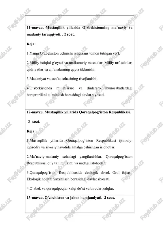 t hukmronligi davrida o‘zbekistonning markazga ijtimoiy-siyosiy va iqtisodiy qaramligi va uning oqibatlari. 4.sovetlarning qatag‘on-zo‘ravonlik siyosati va uning mohiyati. mamlakatimiz erki va ozodligi uchun kurashganlar. 4-mavzu. mustaqillikka erishish arafasida o‘zbekistondagi ijtimoiysiyosiy jarayonlar. 2 soat. reja: 1.xx asr 80-yillari o‘rtalarida respublika ijtimoiy-siyosiy, iqtisodiy va ma’naviy hayotidagi inqirozli holat. 2.“paxta ishi” “o‘zbek ishi”. farg‘ona voqealari. 3.1989 yil o‘rtalarida respublika ijtimoiy-siyosiy hayotidagi o‘zgarishlar. mustaqillik deklaratsiyasi. 4. 1991 yil avgust voqealari. gkchp. sovet davlatining tanazzulga yuz tutishi. 5-mavzu. mustaqil o‘zbekiston respublikasi tashkil topishining tarixiy ahamiyati. 2 soat. reja: 1. mustaqillikning e’lon qilinishi. 2. mustaqillikning ilk davrida davlat suverenitetini mustahkamlash yo‘lidagi sa’y-harakatlar. 3.mustaqil o‘zbekiston davlatining yuzaga kelishi va mustahkamlanishida i.karimovning tarixiy xizmatlari. 6-mavzu.o‘zbekistonning o‘ziga xos taraqqiyot yo‘li. 2 soat. reja: 1.o‘zbekistonning o‘ziga xos taraqqiyot yo‘lini tanlashi. taraqqiyotning “o‘zbek modeli”. 2. yangi konstitutsiyaning qabul qilinishi va uning tarixiy ahamiyati. 3.davlat ramzlari. 7-mavzu. o‘zbekistonda demokratik, fuqarolik jamiyati asoslarining shakllanishi, amalga oshirilgan siyosiy islohotlar. 2 soat. reja: 1.mustaqil o‘zbekistonda …