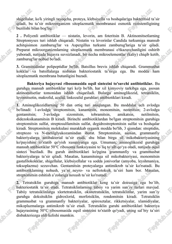 ari, asosan, o'suvchi bakteriya hujayralariga ta’sir qiladi. shu bilan birga ma’lum bir bakteriyalar hujayra devorining sintezi buzilsa ham o'z hayot faoliyatini saqlab qolib, l - shakldagi mikroorganizmga aylanadi. penitsillinlar odam hujayralariga ta’sir ko'rsatmaydi, chunki uning tarkibida peptidoglikan moddasi yo'q. 2. sefalosporinlar molekulasi 6-aminopenitsillin kislotasi 6-apk va b-laktam halqadan tashkil topgan. tabiiy sefalosporinlarni sefalosporium turkumiga kiruvchi zamburug'lar ishlab chiqaradi. uni birinchi bo'lib 1945-yilda italiyalik bakteriolog brots kashf etgan. sefalosporinlar bakteritsid ta’sirga ega. ularning tuzilishida asosiy komponent 7-aminotsefalosporin kislotasi (7-atsk) bo'lib, u penitsillinazaga chidamli modda hisoblanadi. sefalosporinlarning bir qancha avlodlari mavjud, ular bir-biridan antibakterial ta’sir doirasi va farmakologik xususiyatlari bo'yicha farqlanadi. 1-avlodga sefazolin, sefalotin, sefaleksin, sefapirin va boshqalar; 2-avlodga sefuroksim (ketotsef), sefoksitin, sefamandol, sefotetan, sefazolin (kefzol) va boshqalar kiradi; 3-avlodga sefotaksim (klaforan), seftriakson, seftazidim (fortul) moksalaktam va boshqalar; 4-avlodga esa sefepim, sefpiromlar kiradi. 6-apk. bu preparatlar qaysi mikroorganizmlarga qarshi faolligiga qarab ham bir-biridan farqlanadi va guruhlarga bolinadi. masalan, sefamandol, sefotaksim preparatlari enterobakteriasis …