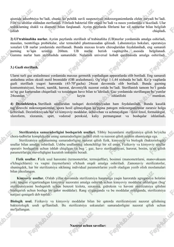 bosimda sterillash 1 soat; 1,5 atida 45 daqiqa; 2 atmda esa 30 daqiqa davom ettirilishi kerak. sterillash tugagach manometr strelkasi nol darajaga kelguncha avtoklav sovutiladi, so`ngra bug’ chiqib bo’lguncha jumragi ochilib, undan sterillangan narsalar olinadi. 8-rasm. a-vertikal avtoklav; b-gorizontal avtoklav; mexanik yoki sovuq sterillash usuli bo’lgan filtirlash mikrobiologiya amaliyotida keng qo’llaniladi. bu usulda issiqlikka chidamsiz muhitlar sterillanadi. ularga quyidagilar kiradi. 1) filtrli sterillash. filtrli sterillash mikrobiologiya amaliyotida keng qo’llaniladi. bu usulda issiqlikka chidamsiz muhitlar sterillanadi. asosan, substratlar qizdirishga chiday olamaganda: termolabil oqsillar, vitamin, shakar va ayrim antibiotiklarni tutuvchi oziqli muhitlar, uchuvchi moddalar, masalan: uglevodorodlar va boshqalar ishlatiladi. filtrlashda kul’tural suyuqliklar mikroorganizmlarning hujayralaridan tozalanadi, bunda modda almashinuv mahsulotlari o’zgarmagan holda saqlanadi. suyuqliklarni filtrlash maxsus mayda teshikli filtrlardan o’tkaziladi. mikrob hujayralari mexanik ravishda filtrda tutib qolinadi, yana mikroorganizmlarning ustki qismida adsorbtsiya bo’ladi, chunki ko’pchilik suvli suspenziyali mikroorganizmlarda elektr zaryadi bo’ladi. filtr va idishlar oldindan sterllanadi. filtrlash bakterial filtr orqali bo’ladi va nasos …