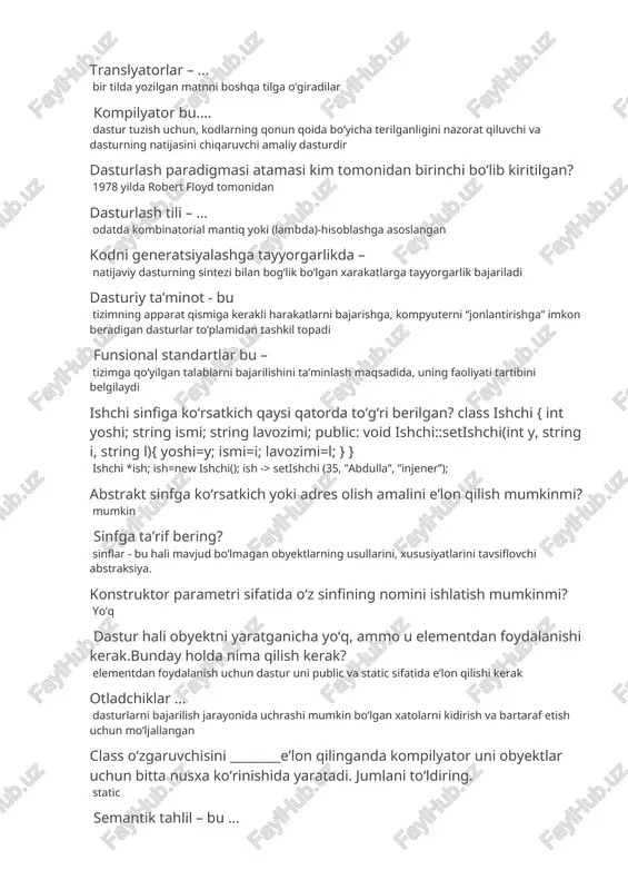 ktlar uchun bitta nusxa ko‘rinishida yaratadi. jumlani to‘ldiring. static semantik tahlil – bu ... kompilyator bo‘lagi bo‘lib, kiruvchi til semantikasi nuqtai nazaridan dastur matnini tekshiradi dasturlashning ikkinchi bosqichi qaysi bosqich? ? dasturlash uchun tuzilgan yondashuv applikativ dasturlash tili – bu ... o‘zgaruvchilar kombinatsiyasiga bog‘liq bo‘lgan funksiyani hisoblash natijasini olish orqali dasturlarning rivojlanishini qo‘llab-quvvatlashga mo‘ljallangan dasturlash tili metodsiz sinf e’lon qilingan qatorni ko‘rsating. class talaba{ public: string ism; int yosh; int tug_yil; }; funksional operatsiya uch yo‘l bilan aniqlanishi mumkin. ular qaysilar? sinf metodi, do‘stona funksiyasi va oddiy funksiya dasturiy ta’minotni ishlatish va kuzatib borish xarajatlari uning hayot davridagi umumiy xarajatlarning.... 70% idan kam emas operatsion tizim uzluksiz rivojlanishining sabablaridan birini ko‘rsating: apparat ta’minotining yangi ko‘rinishlarining yuzaga kelishi va yangilanishi dasturlashning asosiy modellarini ko‘rsating imperativ, deklarativ, funksional, mantiqiy, oyd dasturlashni rivojlantirishning birinchi bosqichi qaysi bosqich? “o‘z-o‘zidan” dasturlash constructorning vazifasi nima? classning maydonlariga boshlang‘ich qiymat beradi pog‘onali (sharshara) usulining mohiyati – loyihani …