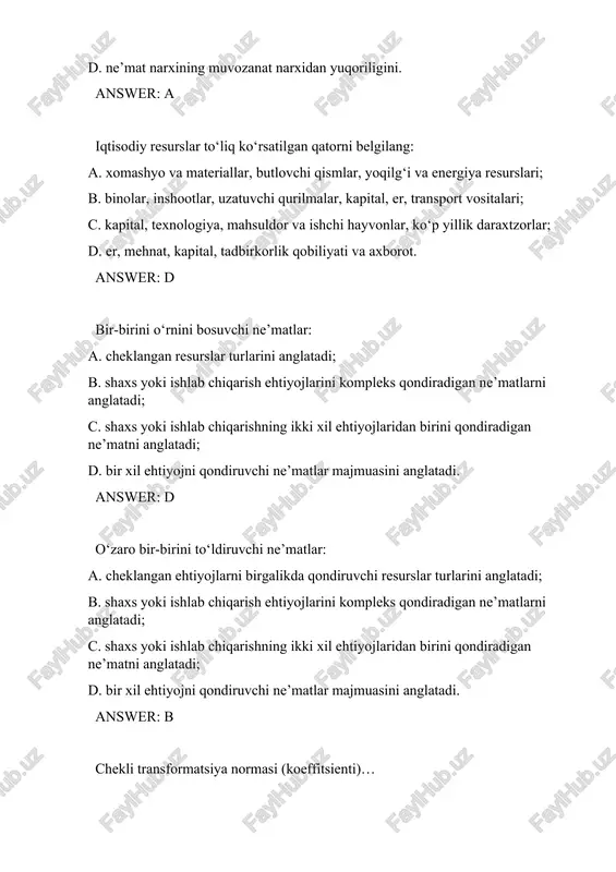 if egri chizig‘ini chapga va pastga siljitadi. answer: c talabga quyidagi omillardan qaysi biri ta’sir ko‘rsatmaydi? a. iste’molchilarning daromadi; b. to‘ldiruvchi tovarlar narxining o‘zgarishi; c. resurslarning narxi; d. iste’molchilar soni. answer: c tovar narxining pasayishiga quyidagi omillardan qaysi biri ta’sir ko‘rsatgan? a. soliqlarning oshirilganligi; b. ishlab chiqarish resurslari narxining pasayganligi; c. iste’molchilar daromadining ko‘tarilganligi; d. to‘ldiruvchi tovarlar narxining arzonlashuvi. answer: b a mahsulot narxining ko‘tarilishi nimaga olib keladi? a. o‘rinbosar b tovarga bo‘lgan talabning oshishiga. b. to‘ldiruvchi v tovarga bo‘lgan talabning oshishiga; c. x mahsulotni ishlab chiqarish uchun sarflanadigan resurslarga bo‘lgan talabning qisqarishiga; d. x mahsulotni ishlab chiqarish uchun sarflanadigan resurslarga bo‘lgan talabning o‘sishiga. answer: a talab egri chizig‘i nimani anglatadi: a. tovar narxi va taklif o‘rtasidagi bog‘liqlikni anglatadi; b. iste’molchilarning turli baholar darajasida sotib olishi mumkin bo‘lgan tovarlar miqdorini anglatadi; c. turli baholar darajasida bozorda sotilishi mumkin bo‘lgan tovarlar miqdorini anglatadi; d. talabga turli omillarning ta’sirini ko‘rsatadi. answer: b …