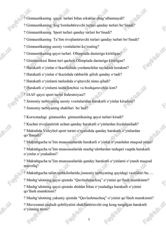 arida qanday harakatli o‘yinlarni o‘ynash maqsad muvofiq? ? maktabgacha talim tashkilotlarida jismoniy tarbiyaning quyidagi vazifalari bu…. ? mashg‘ulotning qaysi qismda “quvlashmachoq” o‘yinini qo‘llash mumkinmi? ? mashg‘ulotning qaysi qismda shiddat bilan o‘ynaladiga harakatli o‘yinini qo‘llash mumkinmi? ? mashg‘ulotning yakuniy qismda “quvlashmachoq” o‘yinini qo‘llash mumkinmi? ? muvozanat saqlash qobiliyatini shakllantiruvchi eng keng tarqalgan harakatli o‘yinning nomi? ? nutqni rivojlantirish uchun qanday harakatli o‘yinlardan foydalaniladi? ? o‘rta masofalarga yugurish qanday masofalar kiradi? ? o‘yin rahbariga qo‘yiladigan talablar? ? o‘yinni o‘tkazish shart-sharoitlari qanday bo‘lishi kerak? ? o‘zbekiston milliy shaxmat federatsiyasi qachon tashkil etildi? ? o‘zbekiston respublikasi prezidentining “maktabgacha ta’lim tizimi boshqaruvini tubdan takomillashtirish chora-tadbirlari to‘g‘risida” farmoni nechanchi yilda tashkil tipgan? ? o‘zbekiston sport gimnastikasi federatsiyasi qachon xalqaro gimnastika federatsiyasi a’zo bo‘lgan? ? o‘zbekiston sport gimnastikasi federatsiyasi qachon xalqaro olimpia qo‘mitasiga a’zo bo‘lgan? ? o‘zbekiston sport gimnastikasi federatsiyasi tashkil topgan? ? o‘zbekistonda nechi nafar ayol xalqaro grossmeyster bor? ? o‘zbekistonda nechi nafar erkak xalqaro grossmeyster …