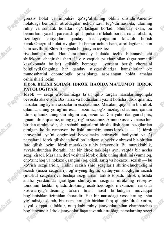 to‘g‘ri keladi. bemorlar qisqa-qisqa so‘zlar va katta-katta pauzalar bilan javob berishadi, atrofda bo‘libturgan hodisalarga loqayd bo‘lib qarashadi. karaxtlik bir nechasoatdan bir necha kungacha davom etishi va bundan uzoqroqqa cho‘zilishi mumkin. mana shu holat o‘tib ketgandan keyin bemorlar ularga nima bo‘lganligi to‘g‘risida faqat qisqacha so‘zlab berishlari mumkin. karaxtlik holati turlikasalliklarda ko‘p uchraydi (ich terlama, zotiljam, kalla-miya jarohati, miya o‘smasi, uremiya, qandli diabet kasalliklarida). komatoz holat es-hush aynishining juda borib turgan darajasini ifodalaydi. bemorlar savollarga mutlaqo javob bermaydilar, og‘riqta’sirotlariga reaksiya ko‘rsatishmaydilar. ko‘z qorachiqlarikengayib ketgan, yorug‘likka reaksiya bermaydigan bo‘-ladi.ko‘pincha patologik reflekslar topiladi. bu holat ham ich terlama, zotiljam, uremiya, qandli diabet kasalliklarida uchraydi. bu holatda bosh miya po‘stlog‘ida chuqur tormozlanish ustunlik qiladi. tibbiyot xodimlarining es-hushi aynigan bemorlarga munosabati ongning turli xil o‘zgarishlarida tibbiyot xodimlariningbemorlarga nisbatan munosabati turlicha bo‘lishi mumkin.ongning xiralashuvida munosabat xususiyati ruhiy kechinmaga bog‘liq holda bo‘ladi. qo‘rqinchli gallutsinatsiya, delirioz holatlarda bemorlar atrofdagilar uchun xavfli bo‘ladilar.hamshira shunday holat rivojlanishini sezadigan bo‘lsa,shoshilinch ravishda shifokorga …