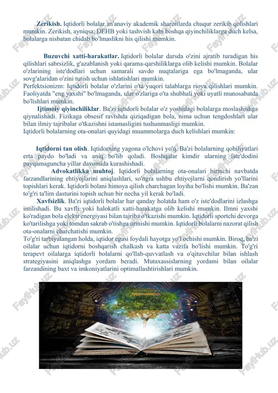 mmosidan chetda qolgan emas. buyuk britaniyada iqtidorli bolalarni tadqiqot qilish markazi joylashgan. iqtidorli o‘quvchilar uchun maxsus bo‘limlar, tezlashtirilgan, kengaytirilgan va boyitilgan ta’lim kurslari tashkil etiladigan maktablar soni ortib bormoqda. ingliz pedagoglari diagnostik test o‘tkazish, iqtidorli bolalarni o‘qitish metodikasi, iqtidorli bolalarni o‘qitadigan o‘qituvchilarni tayyorlash bo‘yicha katta tajribaga ega. germaniyadagi gamburg shahrida 1985 yildan beri qobiliyatli o‘quvchilarni maxsus o‘qitish bo‘yicha alohida maslahat markazi ish yuritadi. 1990 yil boshida bad-vyurtemberg shahrida 4ta jamoat gimnaziyalari tashkil etildi, bunda iqtidorli bolalar 8-9 yil davomida ta’lim olishlari mumkin. fransiyada 1980 yil o‘rtalarida ba’zi boshlang‘ich o‘quv muassasalarida qobiliyatli o‘quvchilar sinflari paydo bo‘ldi. 1990 yil boshlarida strasburgda aqliy erta rivojlangan bolalar uchun alohida maktab tashkil etildi. oriental renaissance: innovative, educational, natural and social sciences (e)issn:2181-1784 www.oriens.uz sjif 2023 = 6.131 / asi factor = 1.7 3(5), may, 2023 1153 xulosa yaponiyada iqtidorli bolalar ta’limi muammosiga vazminlik bilan yondashadi. 1960 yil o‘rtalaridan ba’zi o‘quv muassasalarida qobiliyatli o‘quvchilarni aniqlovchi testlar …