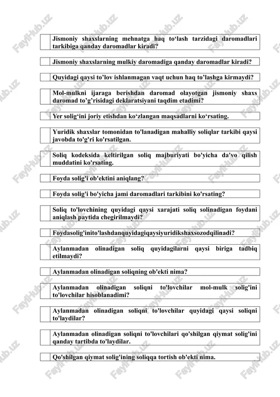 korlik faoliyatini amalga oshirgan taqdirda mol-mulk solig'ini to'lovchilari bo'lib hisoblanadimi? yuridik shaxslardan olinadigan mol-mulk solig'ining soliqqa tortiladigan bazasini aniqlang. o'zbekiston respublikasi norezidentlarining ko'chmas mulk ob'ektlari bo'yicha soliq solinadigan baza qanday tartibda aniqlanadi. yuridik shaxslar mol-mulkidan olinadigan soliqning hisob-kitobi davlat soliq xizmati organlariga qanday muddatda taqdim etiladi? norezident yuridik shaxslar tomonidan mol-mulk solig'i qaysi muddatda to'lanadi. yer solig'ini joriy etishdan ko'zlangan maqsadlarni ko'rsating. quyidagilarni qaysi biri yer solig'ini to'lovchilar bo'lmaydi. yuridik shaxslardan undiriladigan yer solig'i bo'yicha soliq ob'ektini aniqlang soliq solinmaydigan yer uchastkalari jumlasiga quyidagilarning qaysi biri kiradi? yuridik shaxslardan olinadigan yer solig'ining soliq solinadigan bazasini belgilang. ijtimoiy soliqni ob'ektini ko'rsating. ijtimoiy soliqni to'lovchilari bo'lib kimlar hisoblanadi. soliq to’lovchi soliq majburiyatini muddatidan oldin bajarishga haqlimi? ortiqcha to’langan soliq summasi soliq to’lovchiga qaytarish mumkinmi? penya-bu... soliq nazorati qanday shaklda amalga oshiradi? soliq tekshiruvlarining turlarini ko’rsating. soliqni to’lash qanday to’lov birliklarida amalga oshiriladi? soliq qarzini uzish to’g’risidagi talabnoma soliq to’lovchiga kim tomonidan yuboriladi?