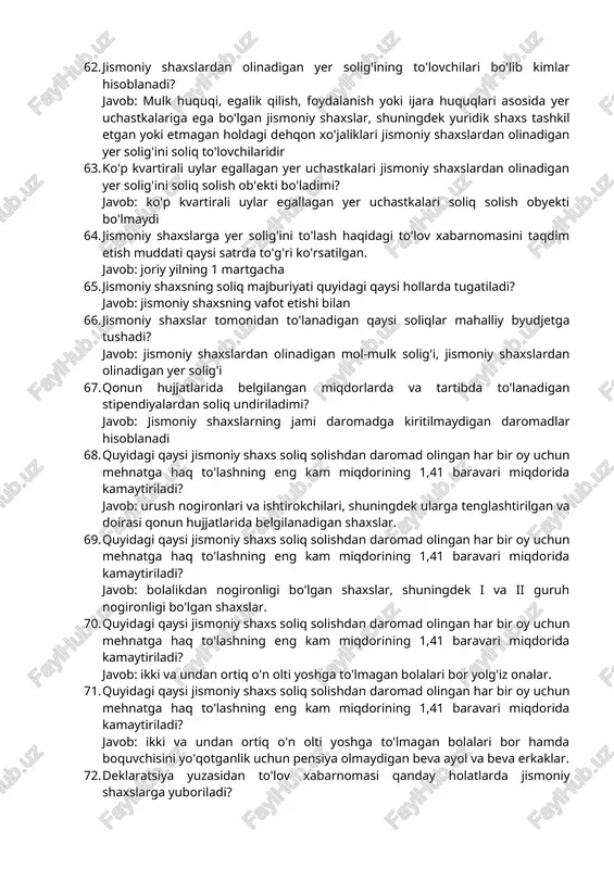laratsiya asosida soliq solinadigan daromadlar soliq kodeksining qaysi moddasida aks ettirilgan? javob: 393-modda 56. jismoniy shaxslarning jami yillik daromad to'g'risidagi deklaratsiya shakli kim tomonidan tasdiqlanadi? javob: o'zbekiston respublikasi davlat soliq qo'mitasi tomonidan o'zbekiston respublikasi moliya vazirligi bilan kelishilgan holda 57. o'zbekiston respublikasining 30.12.2021 yildagi o'rq-742-son qonuni asosida toshkent shahrida turar joyni ijaraga beruvchi jismoniy shaxslar uchun belgilangan ijara to'lovi stavkasi 1 m2 uchun qancha bo'lgan? javob: 15500 so'm 58. 2022 yil uchun jismoniy shaxslarning turar joylari, kvartiralari (shaharlarda joylashgan umumiy maydoni 200 m2dan ortiq bo'lganlari bundan mustasno) dalahovli, garajlar va boshqa imoratlariga belgilangan mol-mulk solig'ining stavkasi necha foiz qilib belgilangan? javob: 0,25 59. qaysi javobda jismoniy shaxslardan olinadigan mol-mulk solig'ining soliq solinadigan obyekti to'g'ri keltirilgan? javob: uy-joylar, kvartiralar, dala hovli imoratlari, tadbirkorlik faoliyati va (yoki) daromad olish uchun mo'ljallangan yashash uchun mo'ljallanmagan ko'chmas mulk ob'ektlari, qurilishi tugallanmagan yashash uchun mo'ljallanmagan ob'ektlar, boshqa imoratlar, binolar va inshootlar 60. qaysi javobda jismoniy …