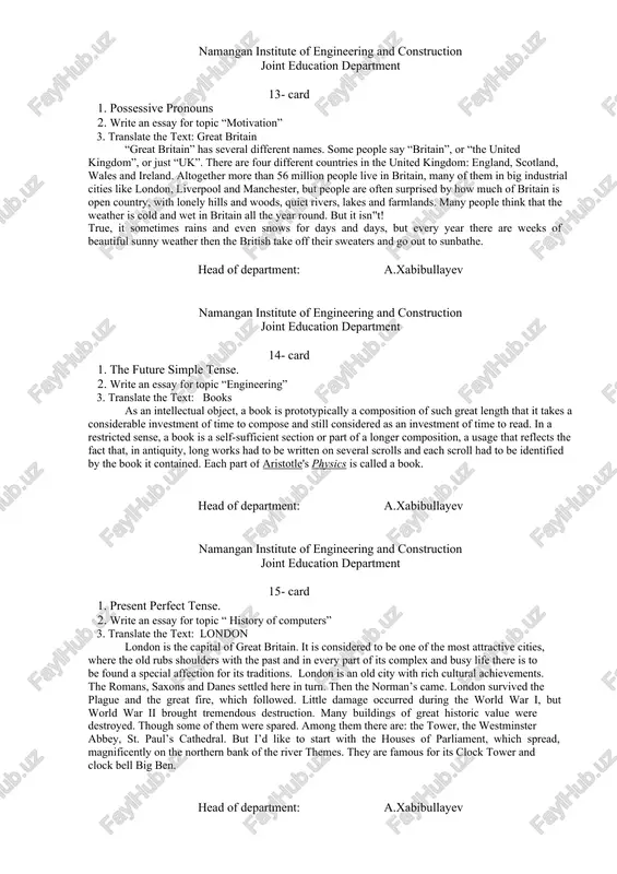 he works of other foreign writers and their works on philosophy and logic. besides it gives me a unique chance to communicate with my future foreign colleagues and probably exchange experience. head of department: a.xabibullayev namangan institute of engineering and construction joint education department 10- card 1. adjectives and adverbs. 2. write an essay for topic “travelling by train” 3. translate the text: an online shopper tara likes to buy clothes online. she lives far away from stores and shopping malls. she knows many good online sites. she frequently checks for sales. she finds shirts, pants, and jackets for her husband and children. she buys skirts, dresses, warm coats, and hats for herself. but she doesn’t get shoes online. she has big feet and often shoes don’t fit. sometimes she returns her purchases. for tara, the best websites have free shipping for returns head of department: a.xabibullayev namangan institute of …