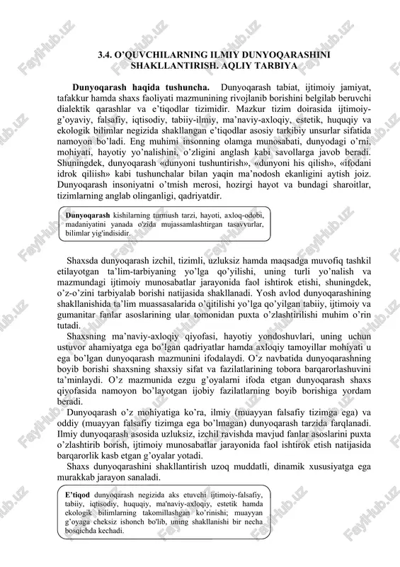 intellektual faoliyatidan kelib chiqadigan miqdoriy va sifat o’zgarishlarining murakkab dinamik tizimi. insoniyat tajribasini qanchalik o’zlashtirganlik aqliy rivojlanishda hal qiluvchi omil sifatida aks etadi. amaliy bilimlar zahirasi aqliy rivojlanishning tuzilishiga kiruvchi tarkibiy qismlardan biri sifatida qaralishi kerak. amaliy bilimlar zahirasi bilan bir qatorda aqliy rivojlanishning tuzilishida ta’lim olganlik o’z aksini topadi. ta’lim olganlik – bu aql sifatini shakllantiruvchi shaxs intellektual xususiyatlarining tizimi. aqlning teranligi inson yangi materialni egallashda mavhumlashtira olishi mumkin bo’lgan belgilarning muhimligi bosqichi va ularni umumlashganligi darajasida namoyon bo’ladi. aqlning sustligi qarama-qarshilikda: bir qoliplikka, fikrlashdagi odatiylikka moyillikda, bir harakatdar tizimidan boshqasiga o’tishdagi qiyinchilikda namoyon bo’ladi. fikrning moslashuvchanligi maqsadga muvofiq o’zgaruvchanlikni talab etadi. aqlning barqarorligi insonga vazifalarni fikriy hal etish, ularning butun belgilarini xotirada eslab qolishga imkon beradi. bu sifat tasniflashga oid biror vazifani hal etishda aniq ko’rinadi. fikriy faoliyatning anglanganligi – uning mahsuli sifatida so’zda ifoda etish imkoniyatida aks etadigan aqlning sifati. aqlning mustaqilligi – yangi bilimlarni, vazifalarni hal …