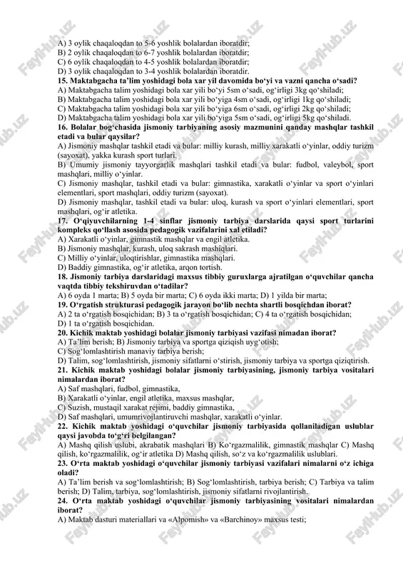 onlama rivojlantirish tamoili. 19. xarakatlarni bajarishda avtamatlashgan darajasi (yani xarakatni o‘ng tomonidan minimal darajada nazorat qilinishi) yuksak mustaxkamlik va ishonchlilik quyidagilardan qaysi birini tavsivlaydi? a) xarakat ko‘nikmasini b texnik maxoratini c) xarakat boyligini d) xarakat malakasini 20. xarakat ko‘nikmasining asosiy farq qiluvchi xususyati bo‘lib.......xisoblanadi; a) xarakatni bajarishdagi nostabillilik b) xarakatlarni bajarishning avtamatlashuvi c) noqulay omillarga qarshi tura olmaslik (shamol, yomg‘ir, mashg‘ulot joyining yomon yoritilganligi, zaldagi vastadiondagi shovqunlar va hokazo) d) diqqatni doimo xarakatni bajarish texnikasiga jalb qilib turish. 21. avvaldan tanish signalga (ko‘rish, eshitish, sezish,) avvaldan tanish xarakat bilan javob berish............. deb ataladi: a) oddiy xarakat reaksiyasi; b) yakka xarakat tezligi; c) tezkorlik qobilyati; d) xarakat tezligi. 22. erishilgan maksimal tezlikni uzoq vaqt ushlab turish qobilyati nima deb ataladi? a) tezkor chidamlilik.b) tezlik indeksi; c) tezlikning absalyut zaxirasi; d) tezkor qobilyati namayon bo‘lish koiffisenti. 23. vaqt birligi ichidagi xarakatlar soni...........ni tavsiflaydi: a) xarakat ritmi; b) tezkor chidamlilik; c) murakkab xarakat; …