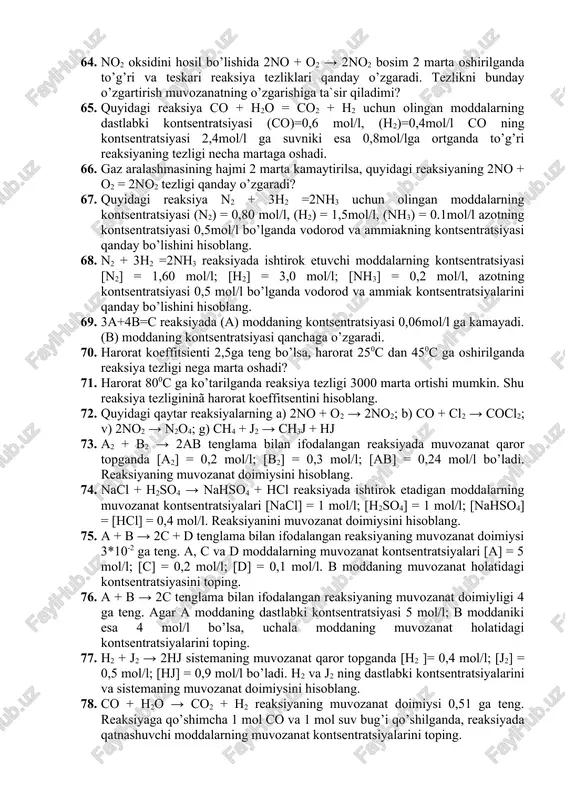 lanadi? 45. kimyoviy reaksiyalarning issiqlik effekti (δhx.r.) deganda nimani tushunasiz? 15 % li ko’shimchasi bo’lgan ko’mirning 2,5 tonnasi yonganda qancha issiqlik ajralib chiqadi? 46. moddaning standart hosil bo’lish entalpiyasi (δh298) deganda nimani tushunasiz? atsetilenning 2,5 litri (n.sh) yonganda ajralib chiqadigan issiqlik miqdori hisoblansin. bu qancha ko’mirning o’rnini bosa oladi? 47. agar antratsenning 95 %-i sof ko’mirdan iborat bo’lsa, shunday qattiq yoqilgining 3,5 tonnasi yonganda qancha issiqlik chiqadi va bu tabiiy gazning necha litrini o’rnini bosa oladi? 48. etil spirti yonish reaksiyasining termokimyoviy tenglamasi tuzilsin? 96 %-li etil spirtining 2,5 kg yonganda qancha issiqlik chiqishi mumkin? 49. agar suyuq holdagi suvning hosil bo’lish issiqligi 285:47 kj\mol va bug’ holidagi suvning hosil bo’lish issiqligi 341,8 kj\mol bo’lsa, 360 gr (20 mol) suvni bug’ holiga o’tkazish uchun qancha issiqlik sarf bo’lishini hisoblang. 50. 25 % ko’shimchalari bo’lgan 2 tonna koks yonganda ajralib chiqadigan issiqlik necha litr suvni suyuq holdan bug’ holiga o’tkazish mumkin? …