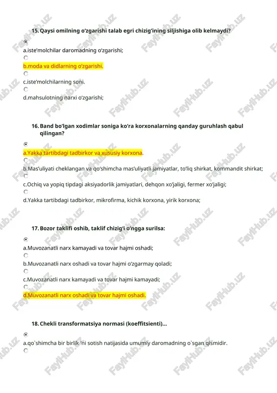 qchil bo‘lgan sharoitda yuzaga keladi. b.ishlab chiqarish omillari mahsuldorligining kamayib borishi qonuni doirasida o‘rganiladi; c.jamiyat uchun emas, faqatgina tadbirkorlar uchun xos; d.ishlab chiqarish imkoniyatlari doirasida mahsulotlar turlarini ishlab chiqarish nisbatlarini tanlash bilan bog‘liq; 28. talab qonuniga ko‘ra: a.tovar narxi va unga bo‘lgan talab miqdori o‘rtasida teskari bog‘liqlik mavjud; b.tovar narxi va taklifi o‘rtasida to‘g‘ri bog‘liqlik mavjud. c.tovar narxi va unga bo‘lgan talab miqdori o‘rtasida to‘g‘ri bog‘liqlik mavjud; d.tovar narxi va taklifi o‘rtasida teskari bog‘liqlik mavjud; 29. talabning bir omilli funksiyasi qaysi formulada to‘g‘ri berilgan: a.qd=f(p) ; b.qd=f(p, z,r); c.qs=f(p,t,n). d.qs=f(p); 30. agar taklif chizig‘ining yotiqligi talab chizig‘ining yotiqligidan tikroq bo‘lsa: a.vaqt o‘tishi bilan bozor narxining muvozanat narxidan chetlanishi kamayib boradi; b.bozor hech qachon muvozanatga erishmaydi; c.vaqt o‘tishi bilan bozor narxining muvozanat narxidan chetlanishi oshib boradi; d.muvozanat holati doimo saqlanadi. 31. taklifning ko‘p omilli funksiyasi qaysi formulada to‘g‘ri berilgan: a.qs=f(p,t,pr,tax,d, o); b.qd=f(p, z,r,l,s,x..). c.qs=f(p,d,v,o,n..); d.qd=f(p,r,z,w,po‘,pt,n..); 32. qishloq xo‘jaligi mahsulotlari taklifi talabdan …