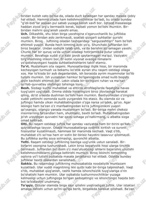 n ma’qul. vaziyatni to‘g‘irlashning imkoni bor. er-xotin xiyonat evaziga nimalarni yo‘qotishayotgani haqida suhbatlashishlarini taklif etamiz. to‘rt. mustahkam oila raqami. munosatlardagi iliqlik hissi, bir maromda kechayogan turmush va bekamu ko‘stlik aynan shu raqam ostidagi oilaga xos. har to‘kisda bir ayb deganlaridek, ish borasida ayrim muammolar bo‘lib turishi mumkin. ish yuzasidan hamkor bo‘lganingizda omad kulib boqishi qiyin kechishi ehtimoli bor. lekin oilada bir-biringizni ruhan va ma’nan qo‘llab-quvvatlay olishingiz tahsinga loyiq. besh. sizdagi kuchli muhabbat va ehtiros atrofdagilarda faqatgina havas tuyg‘usini uyg‘otadi. omma oldida hislaringizni biroz jilovlashga harakat qiling, do‘st orasida dushman bo‘lishi ham mumkin. baxtiyorlikdan o‘zingizni xuddi yettinchi osmonda suzib yurgandek his etasiz. bu olamda siz va juftingiz hamda ulkan muhabbatingizdan o‘zga narsa yo‘qdek, go‘yo. agar ikkingiz ham ba’zan o‘z manfaatingizdan ko‘ra juftingiznikini yuqori qo‘ysangiz, oilangiz yanada mustahkam bo‘ladi. bir-biriga mehri cheksiz insonlarning farzandlari ham, shubhasiz, baxtli bo‘ladi. muhabbatingizdan jo‘sh urayotgan quvvatni har qaysi sohaga yo‘naltirmang, u albatta sizga omad keltiradi. olti. …