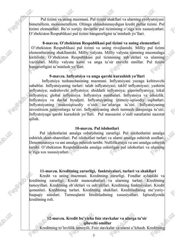 at byudjeti. inflyatsiyaning ijtimoiy-iqtisodiy oqibatlari. inflyatsiyaning makroiqtisodiy o’sish sur’atlariga ta’siri. inflyatsiyaning investitsion jarayonlarga ta’siri. inflyatsiyaning aholi turmush darajasiga ta’siri. inflyatsiyaga qarshi kurashish yo’llari. pul massasini o’sish suratlarini nazorat qilish. 10-mavzu. pul islohotlari pul islohotlarini amalga oshirishning zarurligi. pul islohotlarini amalga oshirish shart-sharoitlari. pul islohotlari turlari va ularni amalga oshirish usullari. denominatsiya va uni amalga oshirish tartibi. nullifikatsiya va uni amalga oshirish tartibi. o’zbekiston respublikasida amalga oshirilgan pul islohotlari va ularning o’ziga xos xususiyatlari. 11-mavzu. kreditning zarurligi, funktsiyalari, turlari va shakllari kredit va uning mazmuni. kreditning zarurligi. fondlar aylanishi va kreditning zarurligi. kredit munosabatlari va ularning turlari. kreditning tamoyillari. kreditning ob’ektlari va sub’ektlari. kreditning funktsiyalari. kredit qonunlari. kreditning turlari. kreditning shakllari. kreditlashning me’yoriy-huquqiy asoslari. tarmoqlarni kreditlashning xususiyatlari. iqtisodiyotda kreditning roli. 12-mavzu. kredit bo’yicha foiz stavkalar va ularga ta’sir qiluvchi omillar kreditning to’lovlilik tamoyili. foiz stavkalar va ularni o’lchash. kreditning bahosi tushunchasi. nominal foiz stavkasi. real foiz stavkasi. oddiy foizlar. murakkab foizlar. …