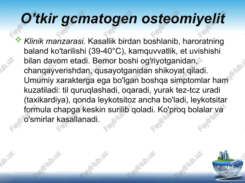 rammalari bilan ham tekshirib ko'riladi. oqma yaralar yo'lini aniqlash uchun fistulografiyadan foydalaniladi (noaniq holatlarda aniqlik kiritish uchun uning ahamiyati kattadir). kontrast raodda sifatida yodolipol yoki suvda eruvchan preparatlardan (triombrast, verografin, yodomin, urotrast) foydalaniladi. birlamchi xronik osteomiyelit birlamchi osteomiyelitning o'rtacha o'tkir yoki xronik yallig'lanish turi bo'yicha o'tadigan ko'pdan-ko'p turlari uchraydi. kasallikni qo'zg'atuvchilar mikroblarning kam virulentligi turlaridir. birlamchi xronik osteomiyelit brodc abssessi albuminoz osteomiyelit garrening sklerozlovchi osteomiyeliti- brodc abssessi («abscessus brodie») suyakning bulutsimon metafiz qavatida paydo bo'ladi va o'tkirga yaqin kechadigan gematogen osteomiyelitning cheklangan xillarini tashkil etadi. bu kasallikda bo'g'im yaqinida dumaloq bo'shliq yuzaga keladi, unda kam virulentli mikroblar bilan birga yiring bo'ladi. abssess sirtda, qalin kapsula ichida bo'ladi. bcmorlar nisbatan kamroq shikoyat qiladilar, odatda bu shikoyatlar ham qoi yoki oyoqda zirqirab turadigan og'riq paydo bo'lishi va u kechasi kuchayishi natijasida bo'ladi. rentgenogrammalarda suyakdagi dumaloq bo'shliq ko'zga tashlanadi. davosi bemorga jarrohlik yo'li bilan davo qilinadi. suyak trepanatsiya qilinadi, yiring chiqarib yuboriladi, bo'shliqqa …