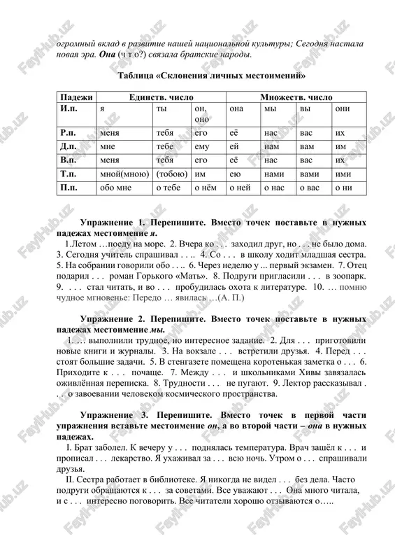 s? 2. skolko chelovek v seme zafara? 3. skolko bratev u zafara? 4. kak zovut ego sestru i skolko ey let? 5. kem i gde rabotaet ego otets? 6. kto upravlyaet domashnim xozyaystvom? 7. gde uchitsya sam zafar? 8. kakaya semya u zafara? tema 8. nash universitet. lichnie mestoimeniya. lichnie mestoimeniya (ya, mi, ti, vi, on, ona, ono, oni) ukazivayut na to ili inoe litso. naprimer: miverim, chto uzbekistan zaymyot dostoynoe mesto v mire. lichnie mestoimeniya 1-go i 2-go litsa otvechayut na vopros k t o?, a mestoimeniya 3-go litsa – k t o? ili ch t o? naprimer: on(k t o?) vnyos ogromniy vklad v razvitie nashey natsionalnoy kulturi; segodnya nastala novaya era. ona (ch t o?) svyazala bratskie narodi. tablitsa «skloneniya lichnix mestoimeniy» padeji edinstv. chislo mnojestv. chislo i.p. ya ti on, ono ona mi vi oni r.p. menya tebya ego eyo nas vas ix d.p. mne tebe …