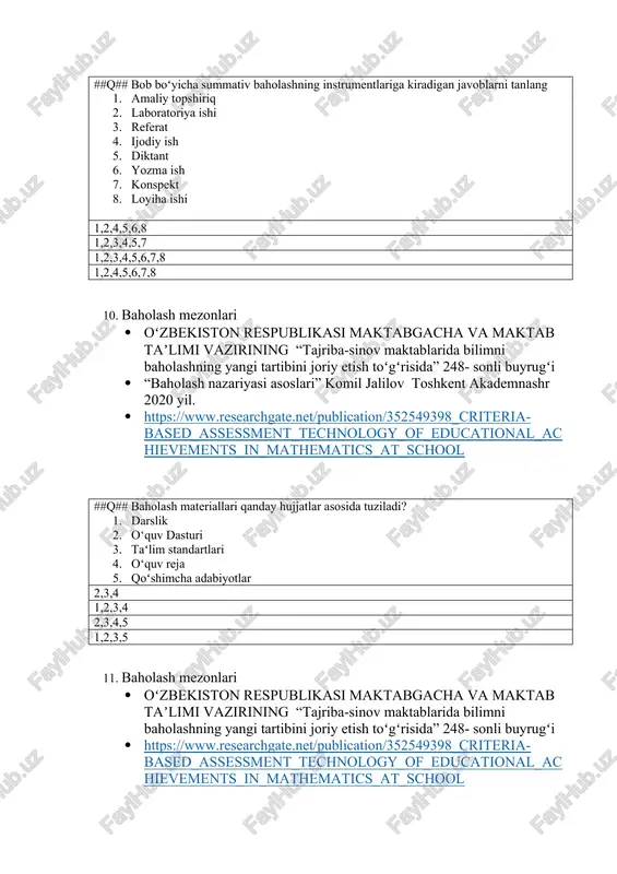 ation/352549398_criteria-based_assessment_technology_of_educational_achievements_in_mathematics_at_school ##m## oʻqituvchi oʻquvchilarga yangi topshiriq bermoqda. oʻquvchilarning diqqatini nimaga qaratish lozim? bu topshiriqni bajarish davomida qanday koʻnikmalarga ega boʻlishlariga baholash mezoni oldingi topshiriqlar mezoniga oʻxshashiga shu mavzudan summativ baholashda topshiriq boʻlishiga bu topshiriqni boshqa topshiriqlarga oʻxshashligiga 13. baholash mezonlari · oʻzbekiston respublikasi maktabgacha va maktab taʼlimi vazirining “tajriba-sinov maktablarida bilimni baholashning yangi tartibini joriy etish toʻgʻrisida” 248- sonli buyrugʻi · “baholash nazariyasi asoslari” komil jalilov toshkent akademnashr 2020 yil. · https://www.researchgate.net/publication/352549398_criteria-based_assessment_technology_of_educational_achievements_in_mathematics_at_school ##m## oʻquvchilar maktabdagi tartib-intizom haqida gaplashish uchun ma’naviyat boʻyicha direktor oʻrinbosarini taklif etishdi. muammoni hal qilishning qaysi bosqichidan ish boshlash kerak? muammo haqida fakt va maʼlumotlarni yigʻish aqliy hujum bilan muammoni hal qilish usullarini topish muammo yechimining rejasini tuzish mauammo yechimini baholash uchun mezonlarni ishlab chiqish 14. baholash mezonlari · oʻzbekiston respublikasi maktabgacha va maktab taʼlimi vazirining “tajriba-sinov maktablarida bilimni baholashning yangi tartibini joriy etish toʻgʻrisida” 248- sonli buyrugʻi · “baholash nazariyasi asoslari” komil jalilov toshkent akademnashr 2020 …