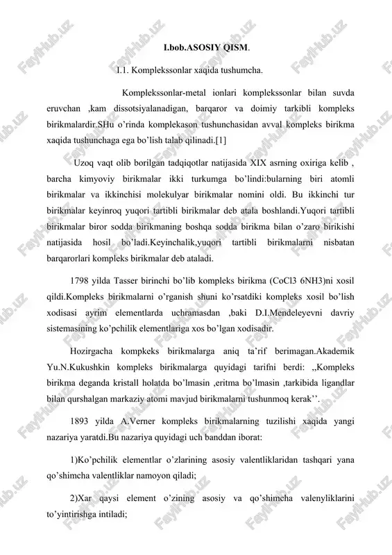 ani komplekson eritmasi bilan titrlaganda quyidagi reaksiyalar kuzatiladi: me2+ +h-y2- = mey2- + 2n + me3+ h2y2 = mey + 2n + mey2 = mey-+ 2n bu yerda h2y2~-etilendiamintetrasirka kislotaningikki natriylituzi anioni.demak ,bir gram- ekvivalent metaiiga, uning oksidlanish darajasidan qatiy nazar, bir gramm-ekvivalent komplekson birikadi.kompleksson eritmasining konsentratsiyasiga qarab titrlashga sarf bo’lgan har bir ml eritmaga ma’lum miqdorda metal ioni to’g’ri keladi.[3] komplekssonlar bir qator o’ziga xos xususiyatlarga ega: 1) suvda va ba’zi bir erituvchilarda yaxshi eriydi; 2) ko’pchilik metal kationlari bilan oson reaksiyaga kirishadi,shu jumladan,boshqa kompleks xosil qiluvchi reagentlar bilan kompleks birikmalar hosil qilmaydigan ishqoriy –yer metallar kationlari bilan ham suvda eruvchan barqaror kompleks birikmalar hosil qiladilar; 3) ba’zi bir komplekssonlar u yoki bu kationlarga tanlab ta’sir qilish xossalariga egadir[2] kompleksonlar-aminopolikarbon kislotalarning hosilalaridan iborat organik birikmalardir.bulardan eng oddiysi iminodisirka kislotadir. ch2cooh h-n chcooh kompleksonlardan keng tarqalgani va keng ishlatiladiganlari quyidagilardir: komplekson i –nitriltrisirka kislota: n-ch2cooh hooc-h2c n-ch2cooh komplekson ii –etilendiamintetrasirka …