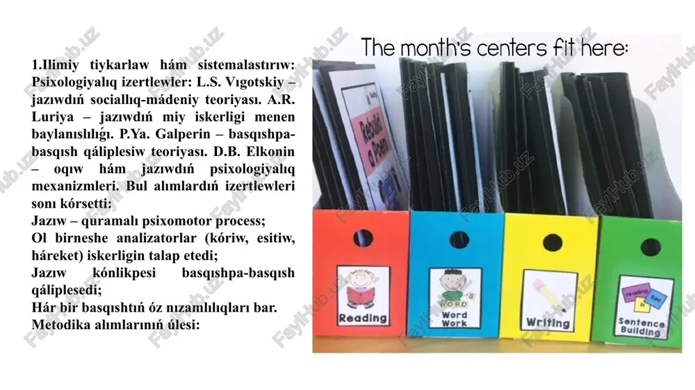 nda ámelge asırıladı. bul basqıshta kórgizbeli qurallardan paydalanıw álipbe sabaqların nátiyjeli shólkemlestiriw hám oqıwshılardıń materialdı tez hám ańsat ózlestiriwin támiyinlewde júdá áhmietli rol atqaradı. kórgizbeli qurallar járdeminde háripler hám olardıń seslerin súwretlep beriw, oqıwshılardıń diqqatın tartıw hám úyrenilip atırgan materialdı jaqsıraq eslep qalıwģa járdem beredi. álipbe dáwirinde kórgizbeli qurallardan nátiyjeli paydalanıw oqıwshılarǵa háripler, sózler hám ápiwayı gáplerdi oqıw, jazıw hám túsiniw kónlikpelerin qáliplestiriwde járdem beredi. bul basqıshta kórgizbeli qurallardıń tiykarģı maqseti oqıwshılarģa háripler, sesler hám olardıń jazıw formaların kórinip turatuģın tárizde usınıwdan ibarat. alifbe dáwirinde kórgizbeli qurallardan paydalanıwdıń tiykarǵı usılları tómendegilerden ibarat: háripler hám seslerdi vizual tárizde usınıs etiw: kórgizbeli qurallar álipbe dáwirinde oqıwshılarǵa háriplerdi úyreniwde nátiyjeli járdem beredi. háriplerdiń súwretleri, iri háripler hám seslerdi sáwlelendiriwshi diagrammalar járdeminde oqiwshilarga hárip hám seslerdi anıq, túsinikli tárizde kórsetiw múmkin. mısalı, hárbir háripti úyretiwde, ogan sáykes súwretlerdi kórsetiw, máselen, "a" háribin úyretiwde, "alma" súwretine itibar qaratıw oqiwshilarga ses hám háripti óz ara baylanıstırıwdı …