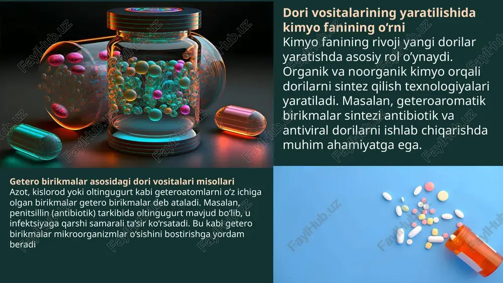etildi. 17 mamlakatimizda getero va polifunksional birikmalar asosida dori vositalarini yaratish 1 ilmiy izlanishlar o'zbekistonda getero va polifunksional birikmalarning xususiyatlarini o'rganish bo'yicha izlanishlar olib borilmoqda. 2 dori sintezi yangi dorilarni yaratish uchun ushbu birikmalardan foydalanish yo'llari izlanilmoqda. 3 klinik sinovlar sintez qilingan dorilarning mahalliy sharoitlarda samaradorligini baholash uchun klinik tekshiruvlar olib borilmoqda. 18 xulosa va tavsiyalar getero va polifunksional birikmalar asosida yangi dori vositalarini yaratish bugungi kunda tibbiy kimyo sohasida eng dolzarb yo'nalishlardan biri hisoblanadi. bu birikmalarning molekulyar murakkabligi, biologik faolligi va selektivligi kabi xususiyatlari ularning dori vositalarini loyihalash va sintezida katta ahamiyatga ega. ushbu yo'nalish xalqaro amaliyotda ham rivojlanib kelayotgan bo'lsa, mamlakatimizda ham bu borada izlanishlar olib borilmoqda. 19 image1.png image2.png image3.png image4.png image5.jpeg image6.png image7.jpeg image8.jpeg image9.png image10.png image11.png image12.png image13.png image14.png image15.png image16.png image17.png image18.png image19.png image20.png image21.png image22.png image23.png image24.png