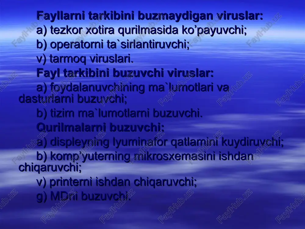 barlarini tekshiruvchi modul . 5.script checker – troyan dasturlarini tekshiruvchi modul . 6.office guard – microsoft officening har bir yuklanayotgan hujjatini tekshiruvchi modul. 7.boshqarish markazi – «kasperskiy antivirus» kompleksining barcha programmalarini boshqaruvchi pul ti. bu programmaning eng asosiy vazifasi – masalalarni rejalashtirishdir. u foydalanuvchining ishtirokisiz, biroq u ko’rsatgan vaqtda avtomatik ravishda tezkor tekshirish olib borib, zarur bo’lsa, tizimni virusdan davolaydi.