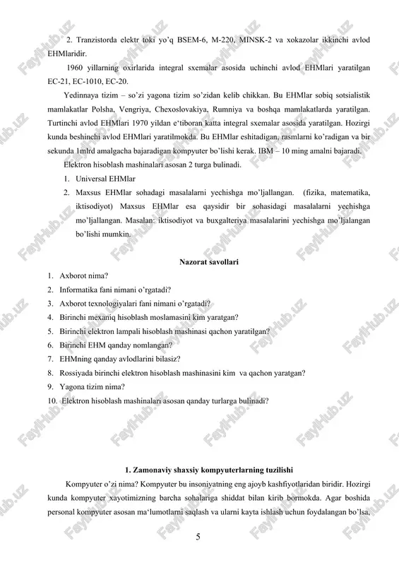 rgan. keyinrok aqshda va buyo’q britaniyada “edvak”, “edsak”, “syeak”, “univak” va boshqa mashinalar yaratildi. rossiyada birinchi elektron rakamli hisoblash mashinasini 1948 yil rus olimi s.a.lebedev boshchiligidagi guruh ishlab chiqdi. bu hisoblash mashinasi mesm deyilar edi – malaya elektronnnaya schetnaya mashina. 1940 yillarning oxirgi va 1950 yillarning boshlari elektron hisoblash mashinalari tarakkiyotining boshlanishi hisoblanadi. elektron hisoblash mashinalari hisoblash ishlarini tezrok bajargandan tashkari, elektromexaniq mashinalardan farqli ularok axborotlarni saqlash imkoniyatiga ya‘ni xotiraga egadir. 3. ehmning avlodlari va turlari. birinchi elektron hisoblash mashinalari xx asr 1950 yillarning oxiri 1950 yillarda yaratilgan. ular elektron lampalar yordamida ishlagan. elektron lampalar fakat 2ta turgunlik holatiga egadir. yongan va uchgan holati. lampaning yonib turgan holati bir rakamiga mos keladi. uchib turgan holati nol rakamiga mos keladi. birinchi avlod ehmlariga besm-1, besm-2, m-20, minsk-1 va boshqa kompyuterlar kiradi. ikkinchi avlod ehmlari 1960 yillarning boshlarida tranzistorlar (yarim utkazgichlar) asosida yaratilgan. tranzistorlarning ham 2ta turgunlik holati bor. 1. tranzistorda (turgunlik …