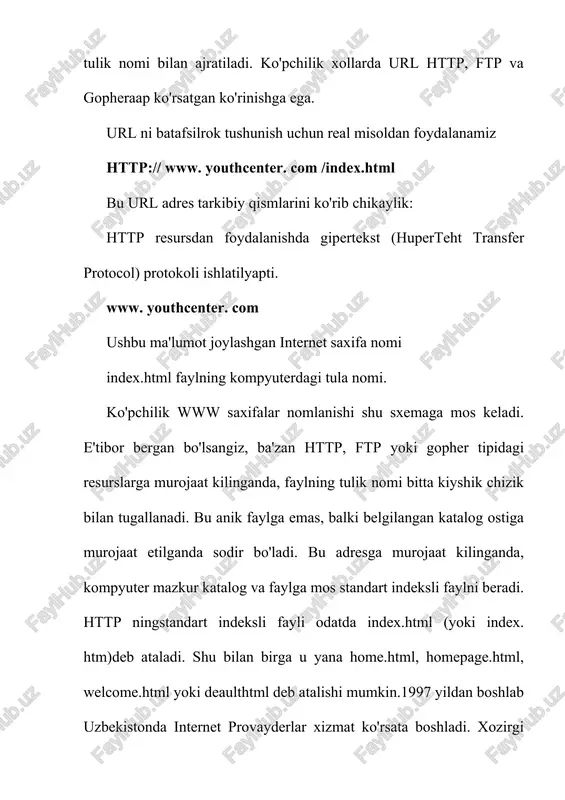 gan va qabo'l qiladigan ma'lumotlar bloki. ip – paket - ip modulini tarmoq interfesi bilan almashadigan ma'lumotlar bloki. upd – deytagramma - ip moduli upd moduli bilan almashinadigan ma'lumotlar bloki. tcp - ip moduli bilan tcp moduli almashinadigan ma'lumotlar bloki. qo'llanish ma'lumotlari - transport darajasida tarmoq qo'llanish dasturlari bilan protokollar almashinadigan ma'lumotlar bloki inkapsulyasiya (kapsula-«idish»ni yot organizmlardan xoli etish uchun tashkil etish ma'nosini bildiradi) - bir protokol xajmidagi ma'lumotlarni ikkinchi protokol xajmiga joylashtirish usuli. masalan ip paketini enthenetga yoki tcp ni ip paketiga joylashuvi. internetga qanday bog'lanish mumkin. internet bir - biriga bog'langan kompyuterlar yagona tarmog'idir. kompyuterlar bir - biri bilan qanday bog'lanadi degan savol tugilishi tabiiydir. internetga bog'lanishning bir nechta usuli mavjud. bog'lanish turlari o'zaro imkoniyatlari va ma'lumotlarni uzatish tezligi bilan farqlanadi. bog'lanish imkoniyati va tezligi internetdan foydalanish narxini belgilaydi. sifat va tezlik oshishi bilan narx kutariladi. bog'lanish turlarini narxi kamayishi tartibida keltiramiz: 1. to'g'ridan to'g'ri kirish (pryamoe podsoedinenie …