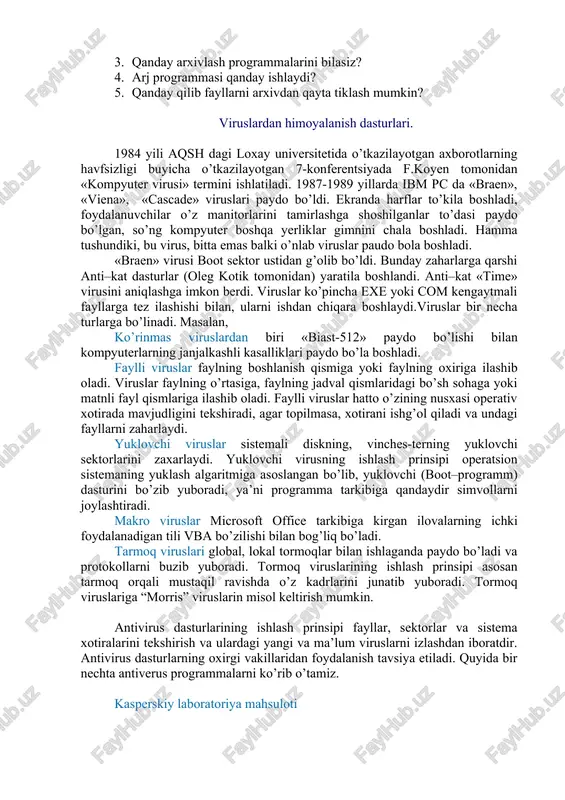 ri arxiv fayllari uchun. fayllarni arxivlash va arxiv fayllarni ochish fayllarni arxivlash bilan arj dasturi misolida tanishib chiqamiz. agar matn katalogidagi fayllarni arxivlash lozim bo'lsa, arj a matn ko'rinishida buyruq beriladi. bu yerda arj arxivlash dasturining nomi, a — «add» (qo'shimcha qilmoq) so'zidan olingan arxivni tuzish yoki mavjud arxivga fayl​larni qo'shimcha qilish amalini anglatuvchi ko'rsatma, matn esa hosil qilinadigan arxiv faylning nomi. mazkur buyruq berilgandan so'ng fayllarni arxivga joylashtirish boshlanadi va bunda har bir faylning nomi hamda uning siqilish foizi ko'rsatib boriladi. dastur ishi tugagandan so'ng, katalogdagi barcha fayllarni o'z ichiga olgan matn.arj arxiv fayli hosil bo'ladi. (fayl nomidagi arj kengaytmani arxivlash dasturining o'zi qo'shadi.) mazkur buyruq lharc arxivlash dasturi uchun lnarc a matn ko'rinishida, pkzip arxivlash dasturi uchun pkzip — a matn ko'rinishida bo'ladi. buyruqlar mos ravishda matn.lzhva matn.zip fayllarini hosil qiladi. joriy katalogdagi fayllarni bir buyruq yordamida boshqa katalog yoki boshqa diskka arxivlash ham mumkin. buning uchun buyruq …