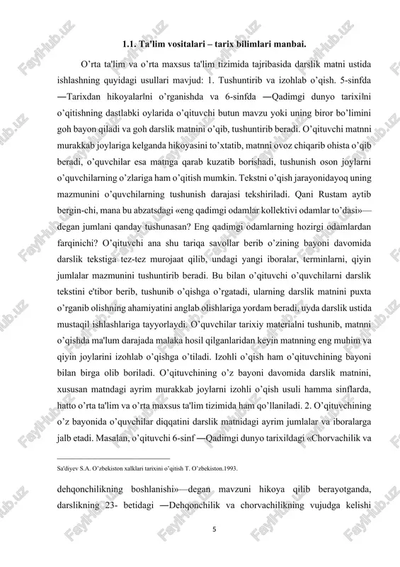 lar ustida o’quvchilarning mulohazalarini uyushtirish katta ahamiyatga egadir. masalan, o’qituvchi o’quvchilarga darsda o’tilayotgan paragraf matnida qo’yilgan muammolarni va uning tematik tuzilishiini ajratib berishni topshiradi yoki o’quvchilar oldiga: «mana bu abzatsda nima haqda gapirilgan?» «unga qanday sarlavha qo’ysa bo’ladi?» degan savol qo’yiladi. bu yo’l bilan o’quvchilar matnni e'tibor bilan o’qib, undagi bosh masalalarni ikkinchi darajadagi masalalardan ajratib olishga, ular asosida reja tuzishga o’rganadi. 4. o’quvchilar bob, paragraf va undagi punktlarni bir-biridan ajrata bilishga o’rgatiladi. o’qituvchi yangi materialni bayon qilishdan oldin o’quvchilarga shu paragraf ichidagi kichik sarlavhalarni o’qishni tavsiya qiladi va darsni bayon qilish rejasi bilan tanishtiradi, ularning mazmuni va ifodalanishidagi tafovutlarning sabablarini izohlab beradi. o’qituvchi o’zining bayoni davomida kichik sarlavhalar ichidagi mavzularga takror-takror qaytishi mumkin. ayniqsa yangi tushunchalarga duch kelingan-da shunday bo’ladi. 5. darslik matni mazmunini bevosita o’zlashtirish bilan bog’liq bo’lgan ishlar. bu darslik matni ustida olib boriladigan ishning markaziy masalasidir. bu ishlar matnni tahlil qilish, umumlashtirish, tarixiy faktlarga baho berish, …