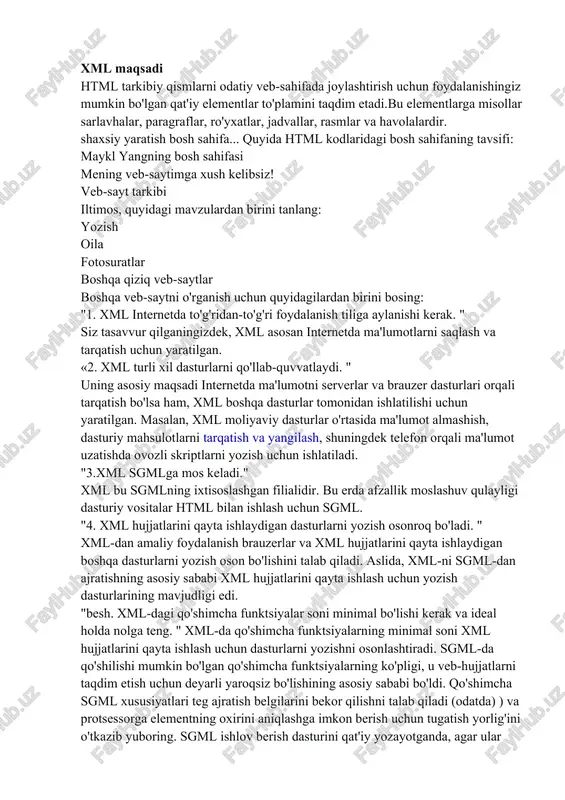 un sgml. "4. xml hujjatlarini qayta ishlaydigan dasturlarni yozish osonroq bo'ladi. " xml-dan amaliy foydalanish brauzerlar va xml hujjatlarini qayta ishlaydigan boshqa dasturlarni yozish oson bo'lishini talab qiladi. aslida, xml-ni sgml-dan ajratishning asosiy sababi xml hujjatlarini qayta ishlash uchun yozish dasturlarining mavjudligi edi. "besh. xml-dagi qo'shimcha funktsiyalar soni minimal bo'lishi kerak va ideal holda nolga teng. " xml-da qo'shimcha funktsiyalarning minimal soni xml hujjatlarini qayta ishlash uchun dasturlarni yozishni osonlashtiradi. sgml-da qo'shilishi mumkin bo'lgan qo'shimcha funktsiyalarning ko'pligi, u veb-hujjatlarni taqdim etish uchun deyarli yaroqsiz bo'lishining asosiy sababi bo'ldi. qo'shimcha sgml xususiyatlari teg ajratish belgilarini bekor qilishni talab qiladi (odatda) ) va protsessorga elementning oxirini aniqlashga imkon berish uchun tugatish yorlig'ini o'tkazib yuboring. sgml ishlov berish dasturini qat'iy yozayotganda, agar ular kam bo'lsa ham, barcha qo'shimcha funktsiyalarning imkoniyatlarini hisobga olishingiz kerak. "6. xml hujjatlari foydalanuvchi uchun tushunarli va tushunarli bo'lishi kerak. " xml butun dunyo bo'ylab foydalanuvchilar va dasturlar o'rtasida ma'lumot …