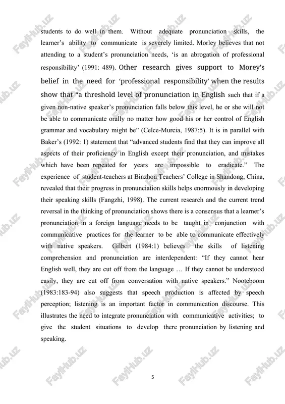 ls and constitutes a ‘speech loop’ between speaker and listener (gilbert). clearly, a better pronunciation improves listening and speaking (gilbert) or even writing (michaud and reed). additionally, pronunciation teaching is a key factor in achieving intelligibility and on a different level, comprehensibility (derwing and munro), accent reduction that may help confidence in speaking. many factors influence the acquisition of l2 pronunciation, such as age-related neurobiology (lenneberg), social-psychological factors (jenkins), exposure and use (trofimovich and baker), personality and potential fossilisation issues (gass and selinker) among others. unfortunately, these factors are beyond the reach of the instructors and they cannot possibly influence them. the connection between sla research and l2 instruction is not straightforward: gregg (153) suggests that those who insist on a connection should “get the hell out of the armchair” and adds that “sla still hasn’t shown any theoretically relevant relation between some specific type of input modification on the …