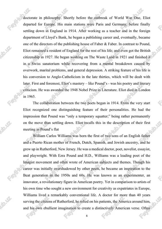 ors of the publishing house of faber & faber. in contrast to pound, eliot remained a resident of england for the rest of his life; and even got the british citizenship in 1927. he began working on the waste land in 1921 and finished it in a swiss sanatorium while recovering from a mental breakdown caused by overwork, marital problems, and general depression. a striking feature of his life is his conversion to anglo-catholicism in the late thirties, which will be dealt with later. first and foremost, eliot’s mastery – like pound’s - was his poetry and literary criticism. he was awarded the 1948 nobel prize in literature. eliot died in london in 1965. the collaboration between the two poets began in 1914. from the very start eliot recognized one distinguishing feature of their personalities. he had the impression that pound was “only a temporary squatter;” being rather permanently on …