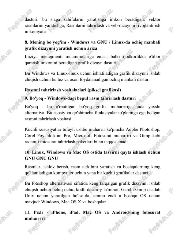 . abduqodirov a., xaitov a., shodiev r. axborot texnologiyalari akademik lisey va kasb – hunar kolledjlar uchun darslik. – t.: ¡zbekiston, 2001 y 2. m aripov,b begalov va boshqalar. axborot texnologiyalari. t.: noshir, 2009 y 3. informatika va axborot texnologiyalari. t.s. safarov, sh.u.o’roqov r.r.baxramov. t- 2006. 4. yuldashev u.yu , boqiev r.r., zokirova.f.m. informatika.-t, 2002 5. g’ulomov s.s., va boshqalar. axborot tizimlari va texnologiyalari: oliy o’quv yurti talabalari uchun darslik/akademik s.s. g’ulomovning umumiy tahriri ostida -t.: “sharq”, 2000. 529 b. qo’shimcha adabiyotlar 1. a.sattorov. ma’lumotlar bazasini boshkarish sistemasi access (windows 9x/2006) t.2006 y. 2. v.valiev kompyuternie seti. moskva 2004 "kompyuternaya literatura". 3. v.g.kuz’menko. bazi dannix v visual basic i vba. moskva 2004 “binom”. 4. i. g. zaxarova. informasionnie texnologii v obrazovanii m-2003 “akademiya”. 5. e.v. fufaev, d. e. fufaev. bazi dannix. m-2005 “akademiya” kirillov v.v. elektron ta’lim resurslari 6. http://www.borlpasc.narod.ru/. 7. http:// www.intuit.ru 8. www.klgtu.ru/ru/students/literature/inf_asu image2.png image1.png
