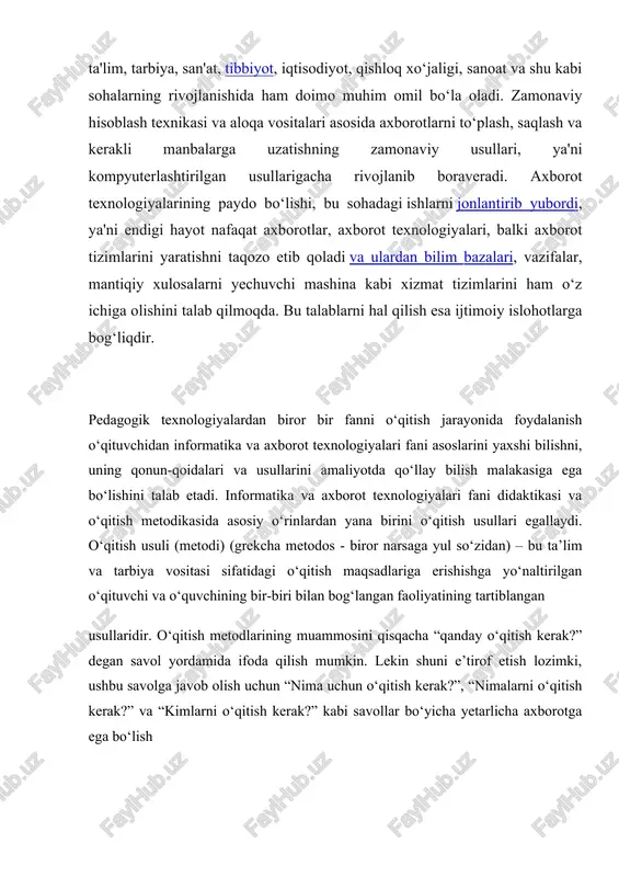 asosiy vazifasi o‘quvchilarni zamonaviy axborot texnologiyalarining ba’zi bir umumiy g‘oyalari bilan tanishtirish, axborot texnologiyalarining amaliyotdagi tatbiqini va kompyuterlarning zamonaviy hayotdagi ro‘lini ochib berishdan iborat. lekin, didaktik tamoyillarni xisobga olgan holda, o‘quvchilarga nafaqat faktlarning qat’iy ilmiy bayonini berish, balki o‘qitishning turli qiziqarli metodlarini ham qo‘llsh lozim. masalan, ko‘pchilikka ma’lum va ommabop bo‘lgan krossvord o‘yini bolalarda qiziqish uyg‘otishi tabiiydir. krossvord ko‘rinishidagi so‘rov shakli o‘quvchilar uchun har doim qiziqarli va o‘ziga tortadigan metoddir. “kadrlar tayyorlash milliy dastri”da o‘sib kelayotgan avlodni mustaqil fikrlaydigan kilib tarbiyalash vazifasi qo‘yilgan. ushbu masalani xal etilishi ko‘p jihatdan o‘qitishning interfaol metodlarini qo‘llshga ham bog‘liq. avvalo “interfaol (interaktiv)” tushunchani aniqlashtirib olaylik. “interaktiv” degan so‘z inglizcha “interact” so‘zidan kelib chiqqan. “inter” - o‘zaro, “act” – ish ko‘rmoq, ishlamoq degan ma’nolarni anglatadi. demak interaktiv deganda o‘zaro ish ko‘rish, faoliyat ko‘rsatish yoki suxbat bilan yoki tartibda kim bilandir (inson bilan) diolog (mulokot) xolatida bo‘lish tushiniladi. shunday kilib, interfaol o‘qitish - bu, avvalambor muloqotlili …