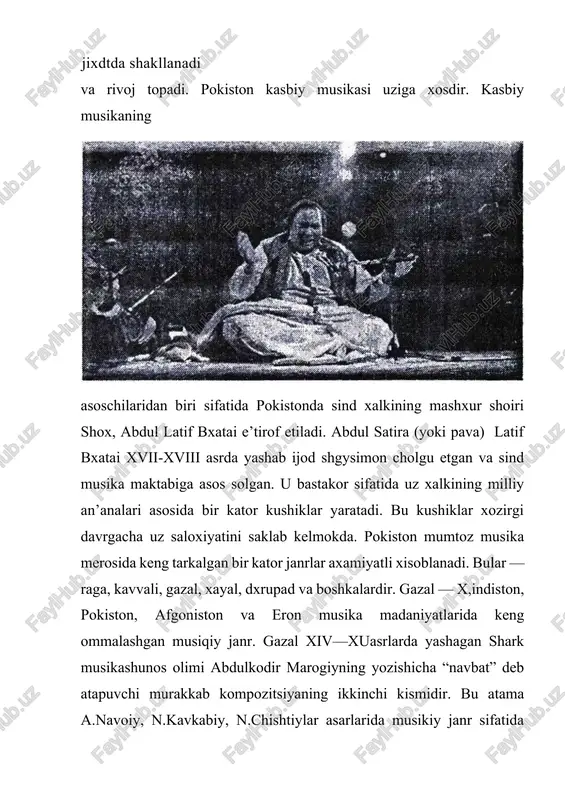 adi. sungra, urma cholgu tabla yordamida asarning asosiy kismini ijro etadi. gazal janrining she’riy matnlarini xiii-xx asrlarda yashab ijod etgan mumtoz shoirlarning gazallari xamda xozirgi kunda shu janrda kalam tebratayotgan xindiston va pokiston yosh shoirlarining ijodiy namunalari tashkil kil ad i. bular ichida amir xusrav dexlaviy, kabir, surdas mirza golib, muxammad ikbol, axmad fayz, axmad faraz kabi mashxur shoirlarning gazallari yetakchi urin egallaydi. bu janr bir necha un yilliklardan buyon xindiston — pokiston kinofilmlarida xam keng kullanilmokda. ^avvali - pokistonning mumtoz janrlaridan biri. shu bilan birga kavvali shimoliy xindiston, janubiy-garbiy afgonistonda xam mavjud. k^avvali maxsus ansambl tomonidan ijro etiladigan jamoaviy janrdir. unda asosan 2 asosiy, 5-6 ta jurnavoz xonandalar, sitor, sarangi, tanpura, fisgarmoniya va tabla kabi musikiy cholgular katnashadi. shakl jixatidan kavvali turkum shaklidagi aytim-cholgu janri xisoblanadi. kavvali uslub jixatdan mukammalligi va kup kismliligi, usul asoslari va lad oxanglarining rivojlanganligi xamda ijrochilik maxoratining yukori darajadaligi bilan professional ananaga moyildir. “kavvali” …