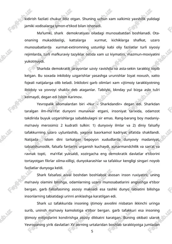 xakida ishora kilgan bulsada, bu fikrni yevropaliklar ilib ketishgan. garchi xristofor kolumb yangi kit’a borligini yevropaga birinchi bulib yetkazgan bulsada, bir xarita tuzuvchining taklifiga kura bu yangi dunyoga uning vatandoshi, sobik xizmatchisi bespuchi amerigo nomi kuyib yuboriladi. xvi asrning urtaіidan boshlab bu kit’a amriko deb yuritilishi rasm bulib ketgan. shark esa bu kashfiyotdan chetda kolgan. sharkning garbdan orkada ketishiga yana bir sabab shuki, garb ta’limini vosita deb bilib, ilm-fanning barcha kirralaridan keng foydalanib, moddiyo tukin-sochin jamiyat kurishga intilgan, birok u axlokiy kadriyatlarni boy bera boshlagan. shark esa ta’limni maksad deb karab, texnikaviy tarakkiyotga jiddiy e’tibor bermaydi, yuksak ma’naviyatni saklab kola oladi-yu, lekin iktisodiy tanazzulga uchraydi. lekin iktisodiy buxron mamlaktlarni zaiflashtiradi, xarbiy kudratni xam pasaytiradi, davlat xazinasi xaminkadar bulib kolgach, lashkarni tula ta’minlashga kurbi yetmaydi, yirik davlatlar parchalanib ketadi. buning kasri ma’naviyatga xam tegadi. milliy birlik – millat tushunchasiga e’tibor susayadi, parokandalik, boshboshdoklik boshlanadi. rusiya istilosi arafasida turkiston ana shunday bir …
