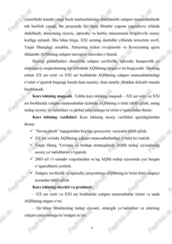 asarlarida aqsh tashqi siyosatining nazariy asoslari va amaliy yo‘nalishlari tahlil qilingan. ✓ g‘arbiy olimlardan s. xantington, j. nay, j. stiglits kabi tadqiqotchilar xalqaro munosabatlarda aqshning roli va globallashuv jarayonlariga ta’sirini o‘rgangan. shuningdek, turli ilmiy maqolalar, darsliklar va internet manbalarida aqshning tashqi siyosati va xalqaro munosabatlardagi mavqeiga oid boy ilmiy adabiyotlar mavjud bo‘lib, ular mazkur kurs ishini yozishda asosiy manba sifatida xizmat qildi.3 kurs ishining tuzilmasi: kirish, 2 ta bob, 4 ta qism, xulosa va foydalanilgan adabiyotlar ro'yxatidan iboratdir. 3 o‘zbekiston respublikasi qonunlari va normativ-huquqiy hujjatlar, toshkent, 2020. 7 i bob. xx asr oxirida aqshning xalqaro munosabatlarda o‘rni 1.1. “sovuq urush”dan keyingi geosiyosiy vaziyat va aqshning yetakchilikka chiqishi xx asr oxiri jahon tarixida geosiyosiy muvozanatning tubdan o‘zgarishi bilan xarakterlanadi. avvalo, 1991-yilda sssrning parchalanishi va ikki qutbli tizimning tugashi natijasida dunyo sahnasida yagona superdavra sifatida qo‘shma shtatlar maydonga chiqdi. bu davrda aqsh o‘zining iqtisodiy, harbiy va texnologik salohiyatini global yetakchilikni ta’minlash yo‘lida …