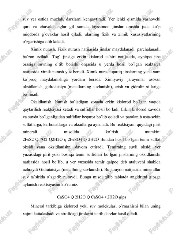 ressive eroziya, chuqurlama, pekeplenar. daryo soxillarida o`simlik bo`lmasa shamolning ishini yaxshi kuzatish mumkin. shamol ayniqsa cho`llarda katta ishlarni bajaradi. bu ish shundan iboratki, shamol qumlarni surib ketib, xarsang va toshlarga olib borib uradi. qumlar tog` jinsi sirtiga kelib uriladi, sirtning yuzi tekislanadi, juyaklar, chuqurliklar va xatto ikkala tomoni bo`sh joylar hosil bo`ladi. shamol tog` jinslarining buzilish maxsulotlarini bir joydan ikkinchi joyga ko`chirish ishini xam bajaradi. shamol faqat gorizontal satxlarni shipirib ketish bilangina chegaralanib qolmay, balki mayda-mayda chuqirliklarga xam kirib, u yerdan tog` jinslarining nurash maxsulotlarini olib chiqib ketadi. faqat mana shu “deflyatsiya” ishi natijasida cho`l tog` jinslari batamom buziladi. shamol faqat mayda changlarnigina uzoq joyga uchirib keta oladi. qumni esa yer yuzasidan bir oz ko`tarib uchirib ketadi va uzoq joyga bormay qum tepaliklar ko`rinishida to`playdi. qum tepaliklar faqat saxrolarda va dengiz soxillarida, shuning dek qisman katta daryolarning buyida xam hosil bo`ladi. qumtepaliklar taqsimlashgan xolda, shamolga perpendikulyar joylashgan bo`lib, ba`zan ularning …