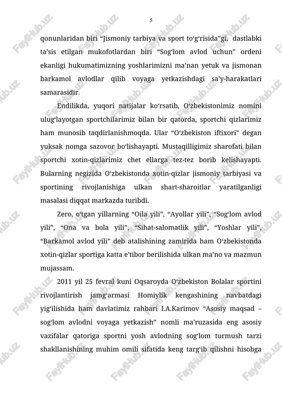 ‘zbekistonda xotin-qizlar sportini rivojlantirishning pedagogik shart-sharoitlari. bitiruv malakaviy ishi predmeti: o‘zbekistonda xotin-qizlar sportini rivojlantirishning mazmuni, shakl va vositalari. bitiruv malakaviy ishining vazifalari: 1. o‘zbekistonda xotin-qizlar sportini rivojlanishi va uning tarbiyaviy ahamiyati davlat siyosatining ustuvor masalasi va dolzarb pedagogik muammo ekanligini ilmiy-nazariy jihatdan asoslash. 2. o‘zbekistonda xotin-qizlar sportini jadal rivojlantirishda ayol salomatligida jismoniy o‘yinlarning o‘rni masalalarini yoritish. 3. xotin-qizlar jismoniy tarbiyasi va sportini rivojlantirishning o‘ziga xos xususiyatlarini aniqlash. 4. o‘zbekistonda xotin-qizlar sportining bir qancha turlarini rivojlantirishning tarbiyaviy ahamiyatini ko‘rsatish. 5. o‘zbekistonda xotin-qizlar sportini dunyoga mashhur etishda qarshi davlat universiteti sportchi qizlarining yutuqlari va ularning yoshlarni jismoniy tarbiya etishdagi o‘rni haqida ma’lumot berish. 6. xotin-qizlar sportini rivojlantirish va uning tarbiyaviy ahamiyatini xalqimiz orasida ommalashtirish. bitiruv malakaviy ishining metodlari: mavzuga oid adabiyotlarni o‘rganish, tahlil qilish, umumlashtirish, kuzatish, savol-javob, suhbat. bitiruv malakaviy ishining metodologik asosi: o‘zbekiston respublikasining konstitutsiyasi, o‘zbekiston respublikasining “jismoniy tarbiya va sport to‘g‘risida”gi qonuni, “barkamol avlod” davlat dasturi, o‘zbekiston respublikasining “ta’lim to‘g‘risidagi” …