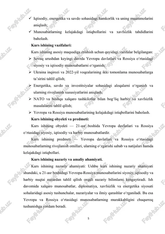 a. shu sababli, 21-asr boshidagi yevropa-rossiya munosabatlarini kompleks tarzda tahlil qilish va kelajak istiqbollarini baholash kurs ishining dolzarbligini oshiradi. kurs ishining tuzilmasi: kirish, 2 ta bob, 4 ta qism, xulosa va foydalanilgan adabiyotlar ro'yxatidan iboratdir. i bob: yevropa davlatlari va rossiya o‘rtasidagi siyosiy munosabatlar 1.1. tarixiy kontekst va sovuq urushdan keyingi davr sovuq urush davri tugagach, yevropa davlatlari va rossiya o‘rtasidagi siyosiy munosabatlar yangi bosqichga kirdi. 1991-yilda sovet ittifoqi tarqab, rossiya federatsiyasi mustaqil davlat sifatida xalqaro maydonga chiqdi. shu davrda yevropa ittifoqi va nato kengayish jarayonlarini boshladi, bu esa rossiya tomonidan o‘z xavfsizligiga tahdid sifatida qabul qilindi. 1990-yillar va 2000-yillarning boshlarida rossiya va yevropa o‘rtasida diplomatik aloqalar, iqtisodiy va siyosiy hamkorlik rivojlandi, ammo ishonch darajasi past edi. rossiya o‘zining geosiyosiy mavqeini saqlash va mustahkamlashga intildi, yevropa esa integratsiya va barqarorlikni ta’minlashga e’tibor qaratdi. sovuq urushdan keyingi davrda asosiy siyosiy muammolar quyidagilar edi: natoning sharqqa kengayishi va rossiyaning bunga nisbatan xavotiri; …