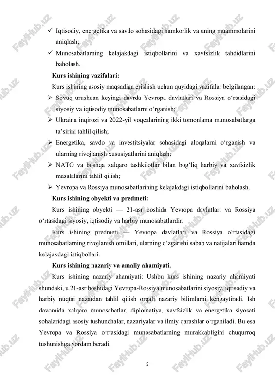 atidan iboratdir. 3 “o‘zbekiston respublikasi energetika sohasini rivojlantirish dasturi” prezident qarori, 2020 yil. o‘zbekiston respublikasi prezidentining iqtisodiy xavfsizlik va barqarorlikni ta’minlash bo‘yicha qarorlari, 2021 yil. 7 i bob: yevropa davlatlari va rossiya o‘rtasidagi siyosiy munosabatlar 1.1. tarixiy kontekst va sovuq urushdan keyingi davr sovuq urush davri tugagach, yevropa davlatlari va rossiya o‘rtasidagi siyosiy munosabatlar yangi bosqichga kirdi. 1991-yilda sovet ittifoqi tarqab, rossiya federatsiyasi mustaqil davlat sifatida xalqaro maydonga chiqdi. shu davrda yevropa ittifoqi va nato kengayish jarayonlarini boshladi, bu esa rossiya tomonidan o‘z xavfsizligiga tahdid sifatida qabul qilindi. 1990-yillar va 2000-yillarning boshlarida rossiya va yevropa o‘rtasida diplomatik aloqalar, iqtisodiy va siyosiy hamkorlik rivojlandi, ammo ishonch darajasi past edi. rossiya o‘zining geosiyosiy mavqeini saqlash va mustahkamlashga intildi, yevropa esa integratsiya va barqarorlikni ta’minlashga e’tibor qaratdi. sovuq urushdan keyingi davrda asosiy siyosiy muammolar quyidagilar edi: natoning sharqqa kengayishi va rossiyaning bunga nisbatan xavotiri; yevropa ittifoqi bilan iqtisodiy va siyosiy integratsiya jarayonlarining rossiya …