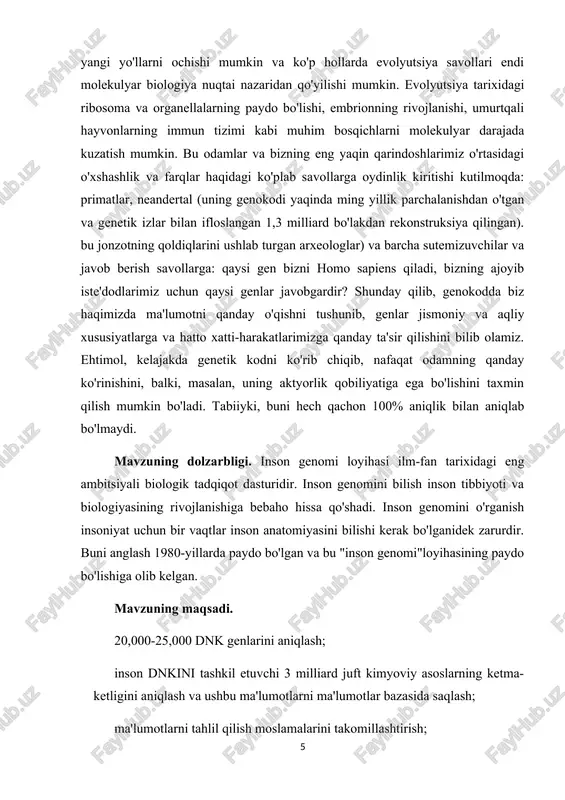 hun bir vaqtlar inson anatomiyasini bilishi kerak bo'lganidek zarurdir. buni anglash 1980-yillarda paydo bo'lgan va bu "inson genomi"loyihasining paydo bo'lishiga olib kelgan. mavzuning maqsadi. 20,000-25,000 dnk genlarini aniqlash; inson dnkini tashkil etuvchi 3 milliard juft kimyoviy asoslarning ketma-ketligini aniqlash va ushbu ma'lumotlarni ma'lumotlar bazasida saqlash; ma'lumotlarni tahlil qilish moslamalarini takomillashtirish; xususiy foydalanish sohasida eng yangi texnologiyalarni joriy etish; genomni dekodlashda yuzaga keladigan axloqiy, huquqiy va ijtimoiy masalalarni o'rganish. mavzuning vazifalari. -birinchi bosqichda o‘rtacha 2 mln.dan ortiq bo‘lmagan asoslarning (1mln asos 1megabaza-1mb ga teng, base-asos ingilizchadan olingan) batafsil genetik xaritasini tuzish va genlar orasidagi masofani belgilashni tamomlash. -ikkinchi bosqichda xar bir xromosomaning qisqacha taxminiy fiziologik xaritasini tuzish.(0,1mb o‘lchamli). -uchinchi bosqichda alohida klon bo‘yicha xararakterlanagan butun genomning yuqori aniqlikdagi fiziologik kartasini olish(klon 5 kb ni o‘z ichiga oladi). -to‘rtinchi bosqichda odam genomi umumiy dnk sining to‘liq birlamchi strukturasi (cekvensini) aniqlanashga ajratilgan. (1 asos o‘lchamda) -beshinchi bosqich oxirgi bosqich topilgan nukleotidlar ketma-ketligi asosida …